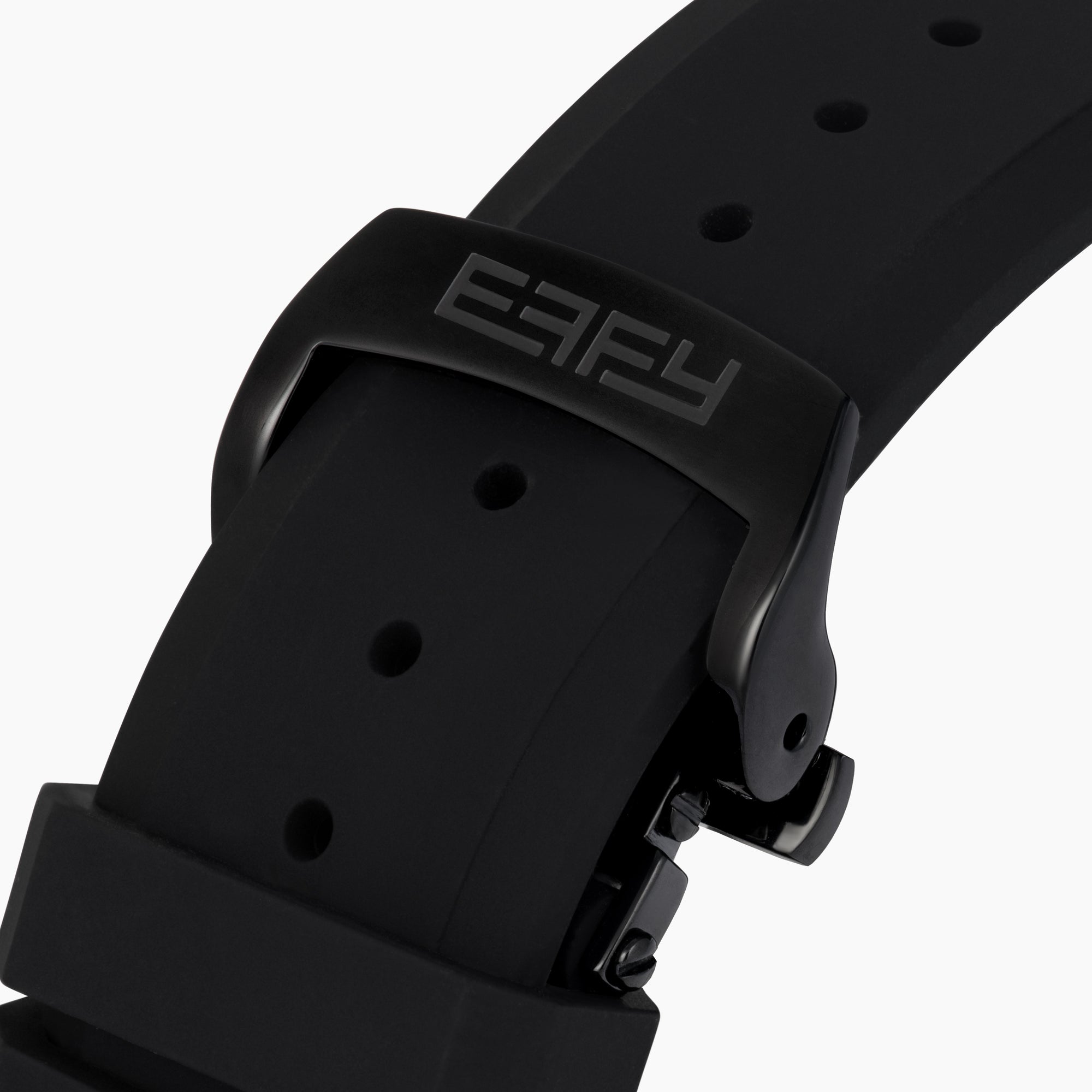 The 42MM Swiss Made Stainless Steel with Black PVD Automatic Skeleton Watch features a skeleton dial, black rubber strap, hexagonal case, and the white BEFY logo at the top against a plain white background.