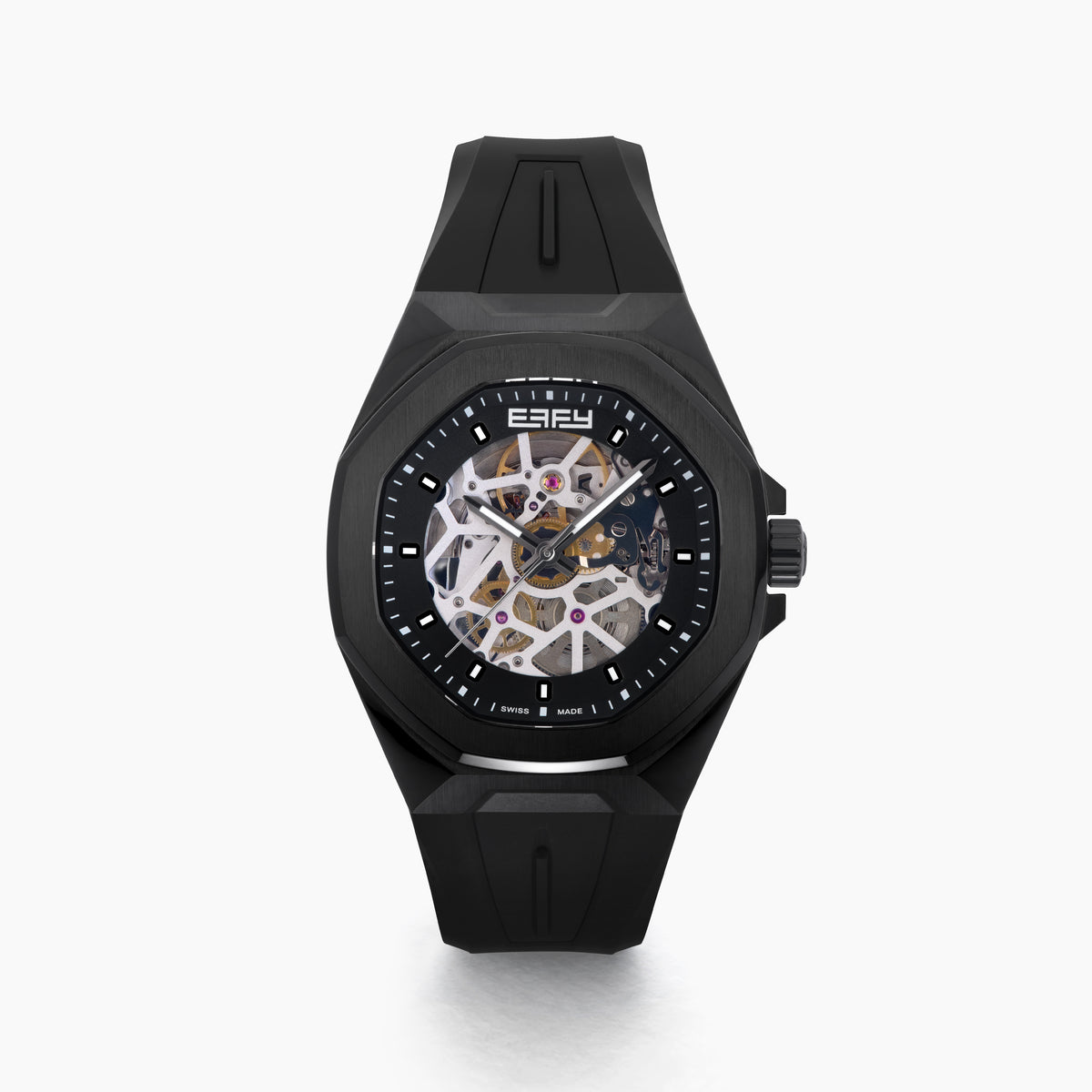 The 42MM Swiss Made Stainless Steel with Black PVD Automatic Skeleton Watch features a skeleton dial, black rubber strap, hexagonal case, and the white BEFY logo at the top against a plain white background.