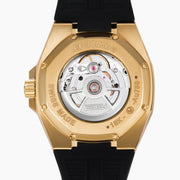 The 42MM Swiss Made 18K Yellow Gold Signature Panther Automatic Watch with Diamonds features a geometric panther face, green gemstone eyes, diamond markers on a black dial, and "EARLY" at the top—an artistic twist on a classic gold watch.