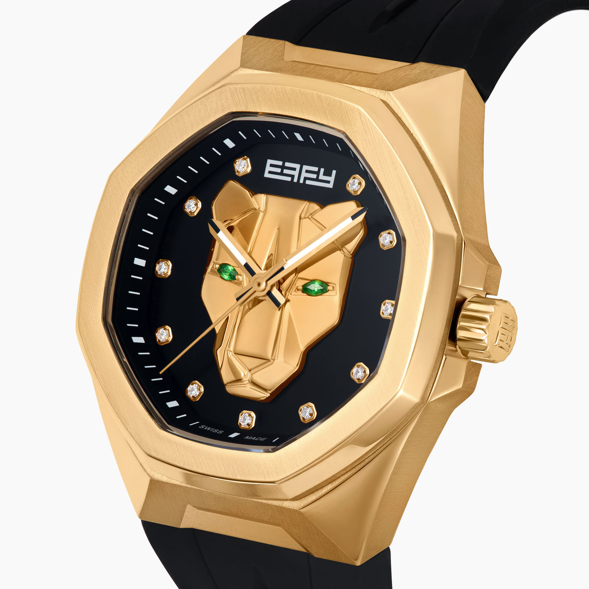 The 42MM Swiss Made 18K Yellow Gold Signature Panther Automatic Watch with Diamonds features a geometric panther face, green gemstone eyes, diamond markers on a black dial, and "EARLY" at the top—an artistic twist on a classic gold watch.