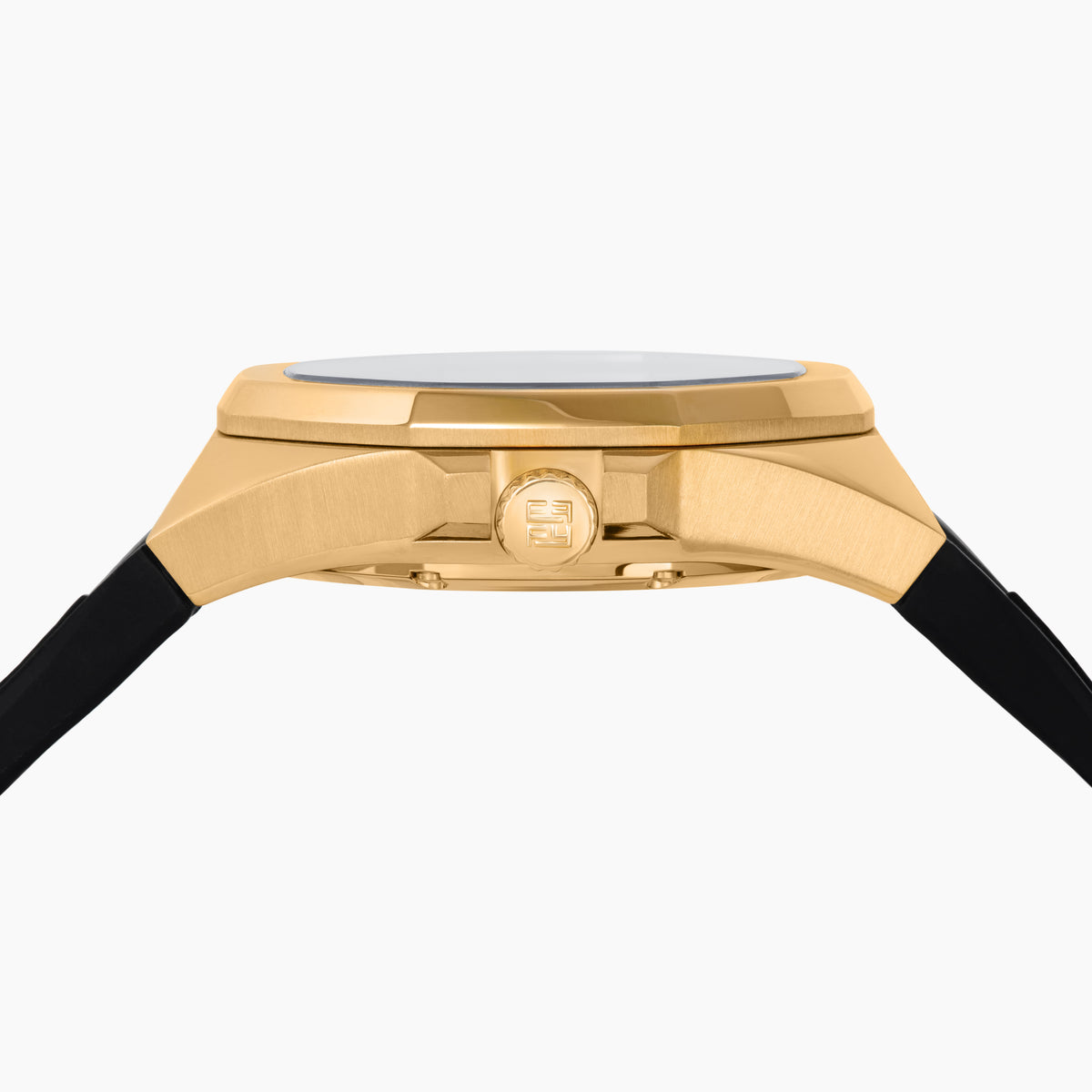 The 42MM Swiss Made 18K Yellow Gold Signature Panther Automatic Watch with Diamonds features a geometric panther face, green gemstone eyes, diamond markers on a black dial, and "EARLY" at the top—an artistic twist on a classic gold watch.
