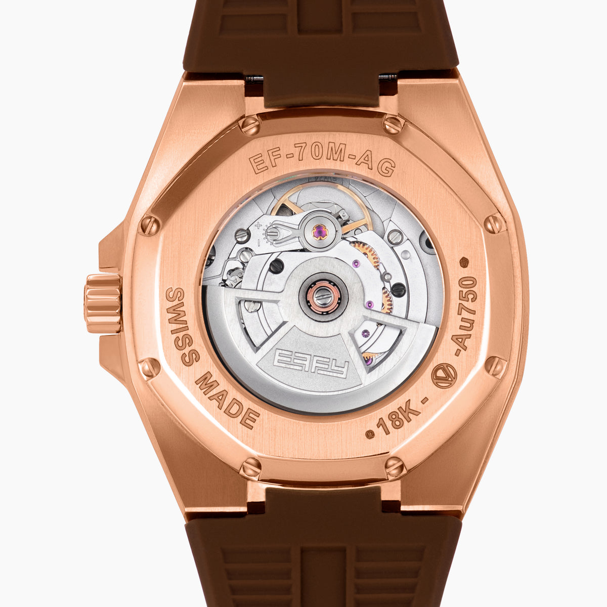 The 42MM Swiss Made 18K Rose Gold Signature Panther Automatic Watch features a brown rubber strap, brown dial with a geometric panther face, diamond markers, green gemstone eyes, and the EARLY name for timeless elegance.