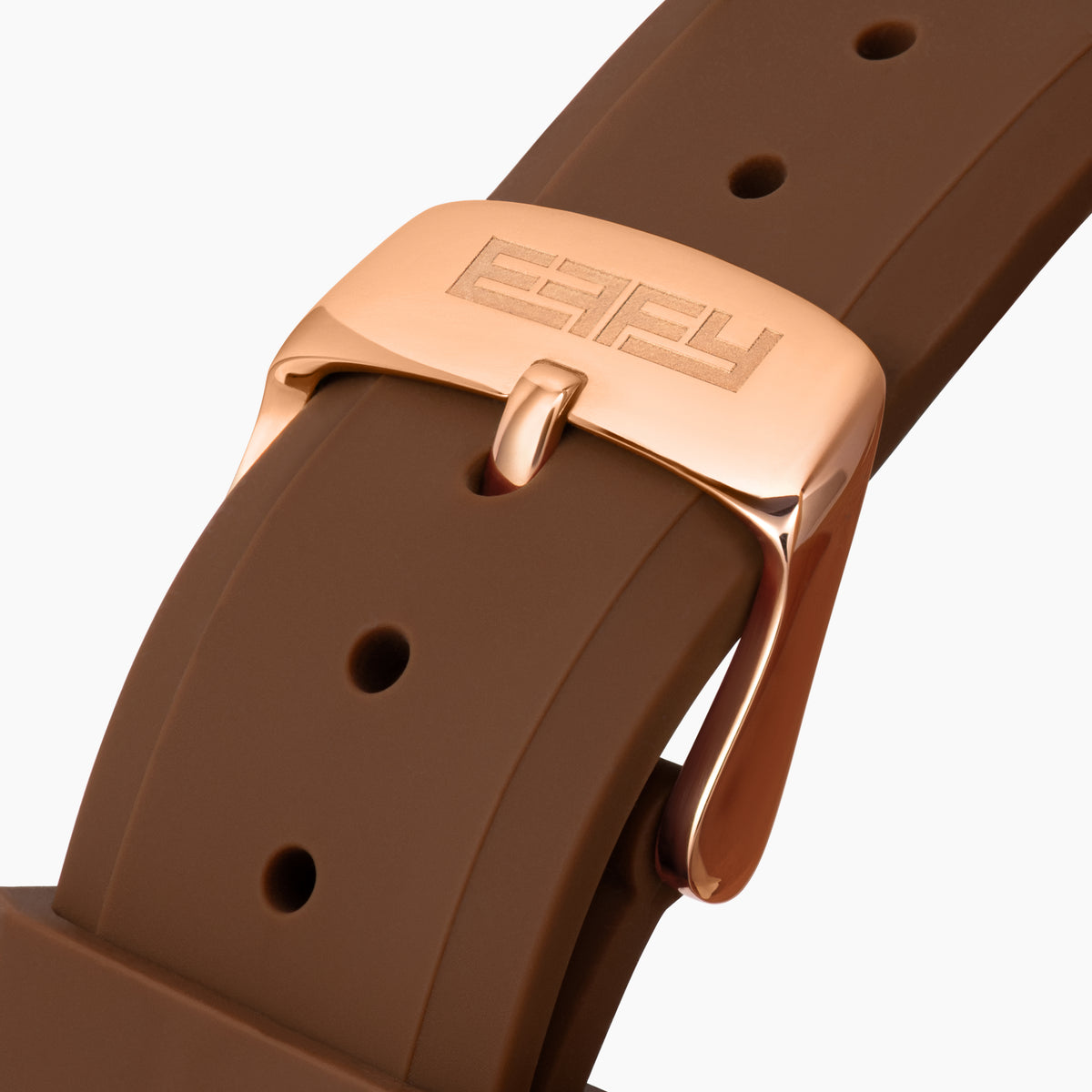 The 42MM Swiss Made 18K Rose Gold Signature Panther Automatic Watch features a brown rubber strap, brown dial with a geometric panther face, diamond markers, green gemstone eyes, and the EARLY name for timeless elegance.