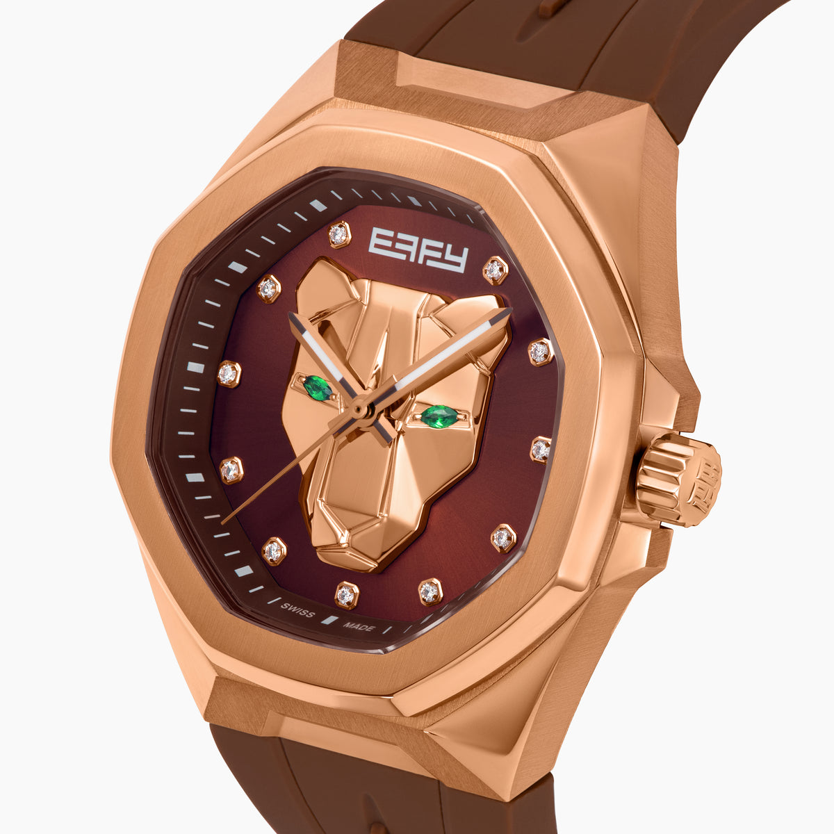 The 42MM Swiss Made 18K Rose Gold Signature Panther Automatic Watch features a brown rubber strap, brown dial with a geometric panther face, diamond markers, green gemstone eyes, and the EARLY name for timeless elegance.