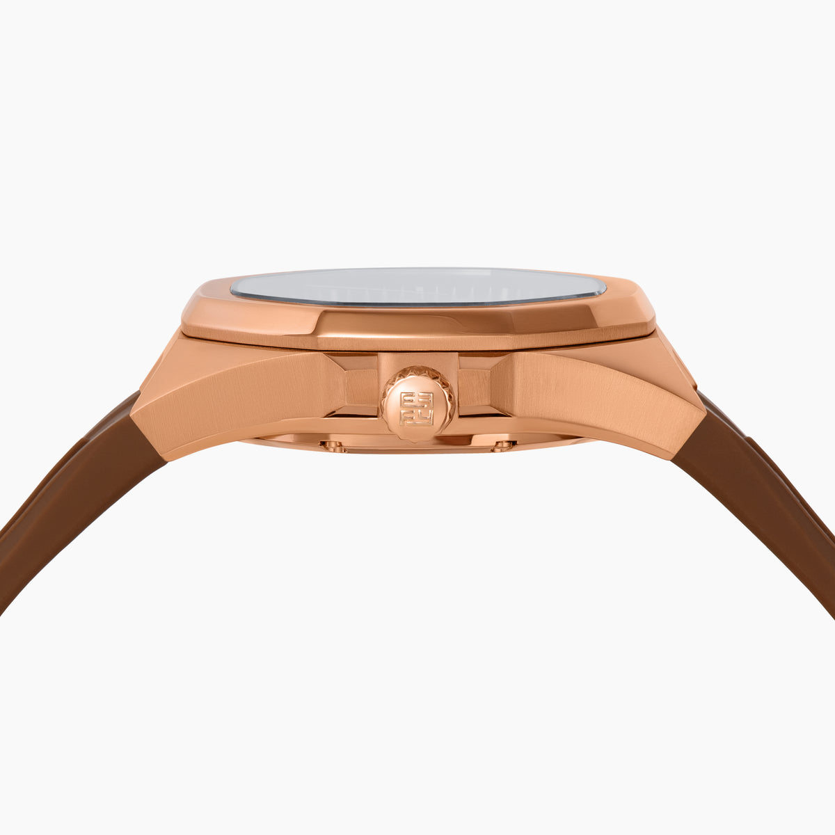 The 42MM Swiss Made 18K Rose Gold Signature Panther Automatic Watch features a brown rubber strap, brown dial with a geometric panther face, diamond markers, green gemstone eyes, and the EARLY name for timeless elegance.