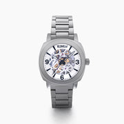 The 41MM Swiss Made Stainless Steel Automatic Skeleton Watch features a silver metal band, white face, black hour markers, and an open skeleton dial displaying inner gears. "ESPY" is printed below the 12 o’clock position.