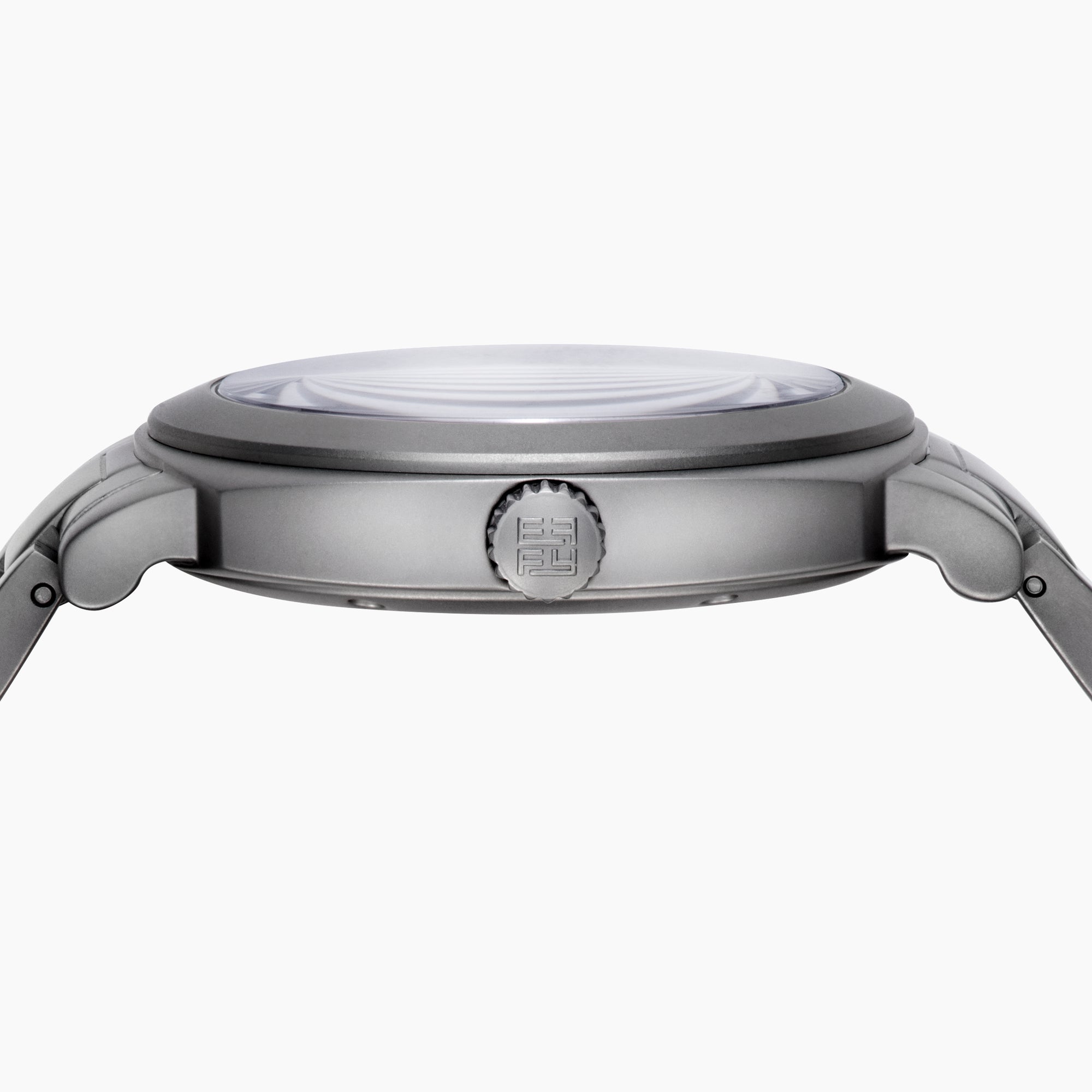 The 41MM Swiss Made Stainless Steel Automatic Skeleton Watch features a silver metal band, white face, black hour markers, and an open skeleton dial displaying inner gears. "ESPY" is printed below the 12 o’clock position.