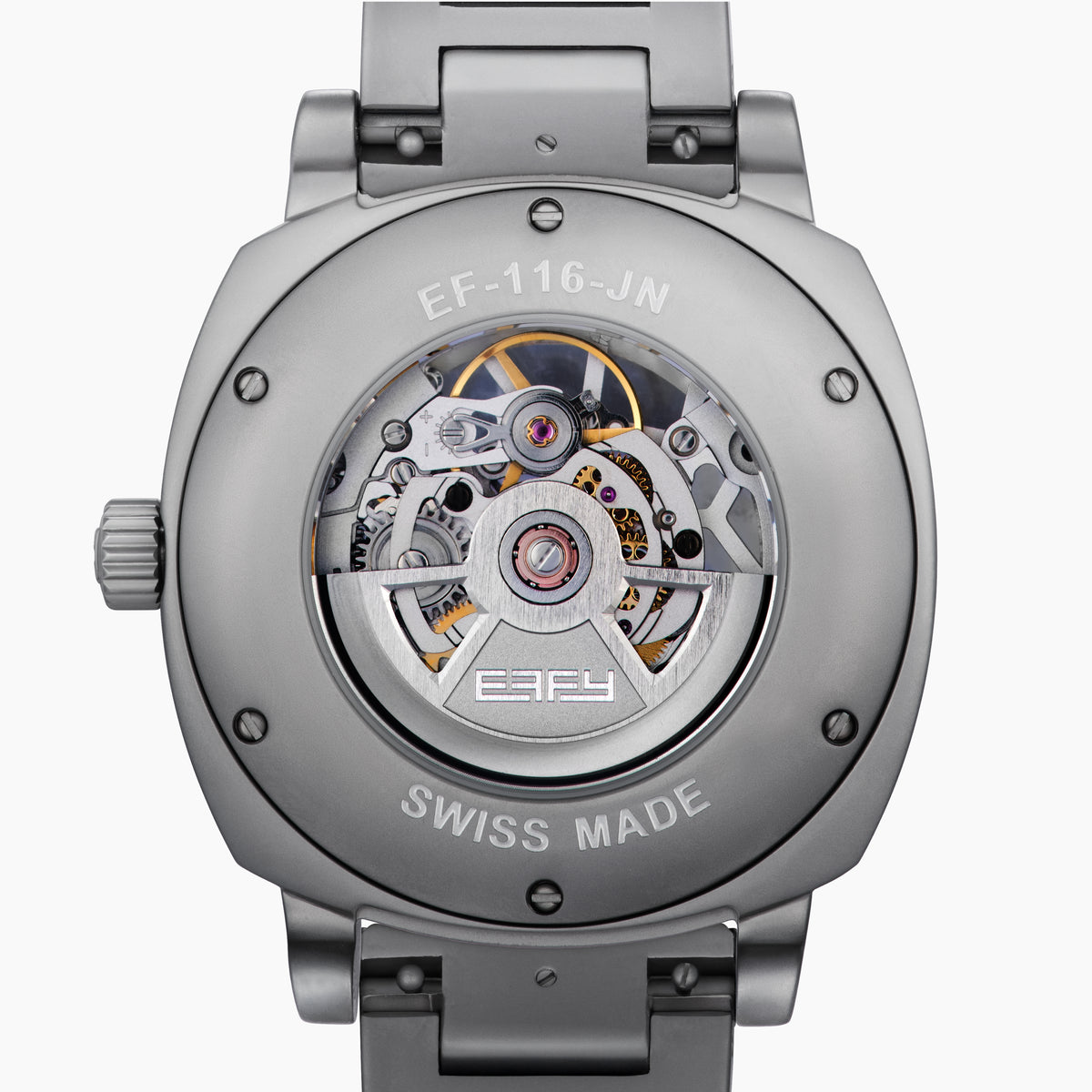 The 41MM Swiss Made Stainless Steel Automatic Skeleton Watch features a silver metal band, white face, black hour markers, and an open skeleton dial displaying inner gears. "ESPY" is printed below the 12 o’clock position.