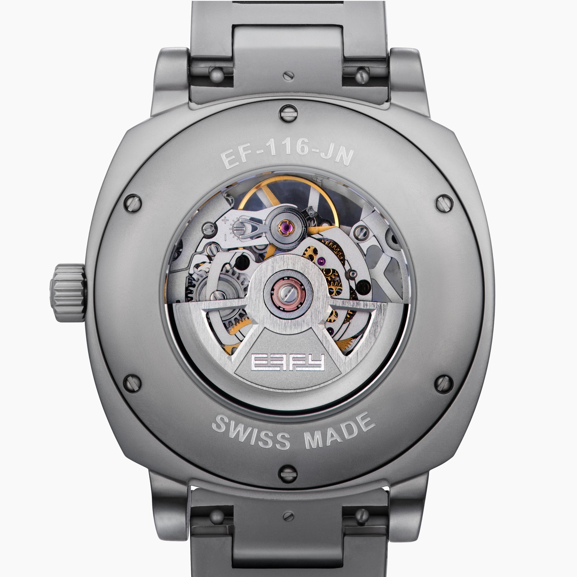The 41MM Swiss Made Stainless Steel Automatic Skeleton Watch features a silver metal band, white face, black hour markers, and an open skeleton dial displaying inner gears. "ESPY" is printed below the 12 o’clock position.