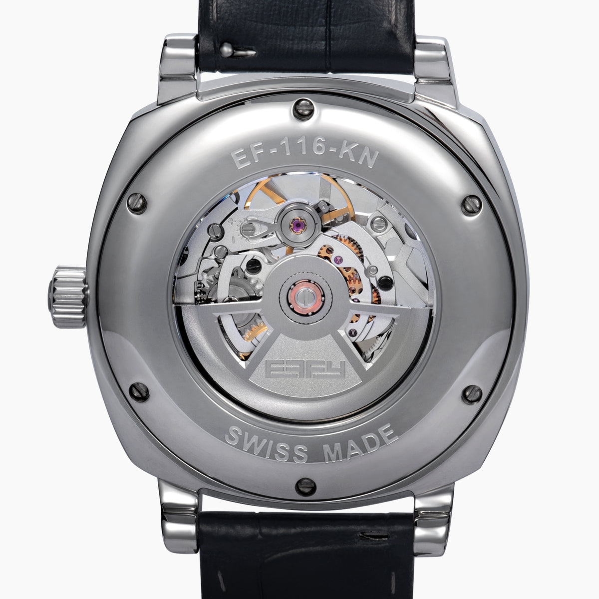 The 41MM Swiss Made Stainless Steel and Leather Automatic Skeleton Watch features a black leather strap, silver case, black skeleton dial, and white hour markers with numerals at 3, 6, and 9 to showcase Swiss precision craftsmanship.