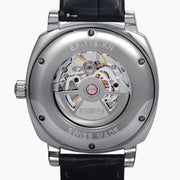 The 41MM Swiss Made Stainless Steel and Leather Automatic Skeleton Watch features a black leather strap, silver case, black skeleton dial, and white hour markers with numerals at 3, 6, and 9 to showcase Swiss precision craftsmanship.