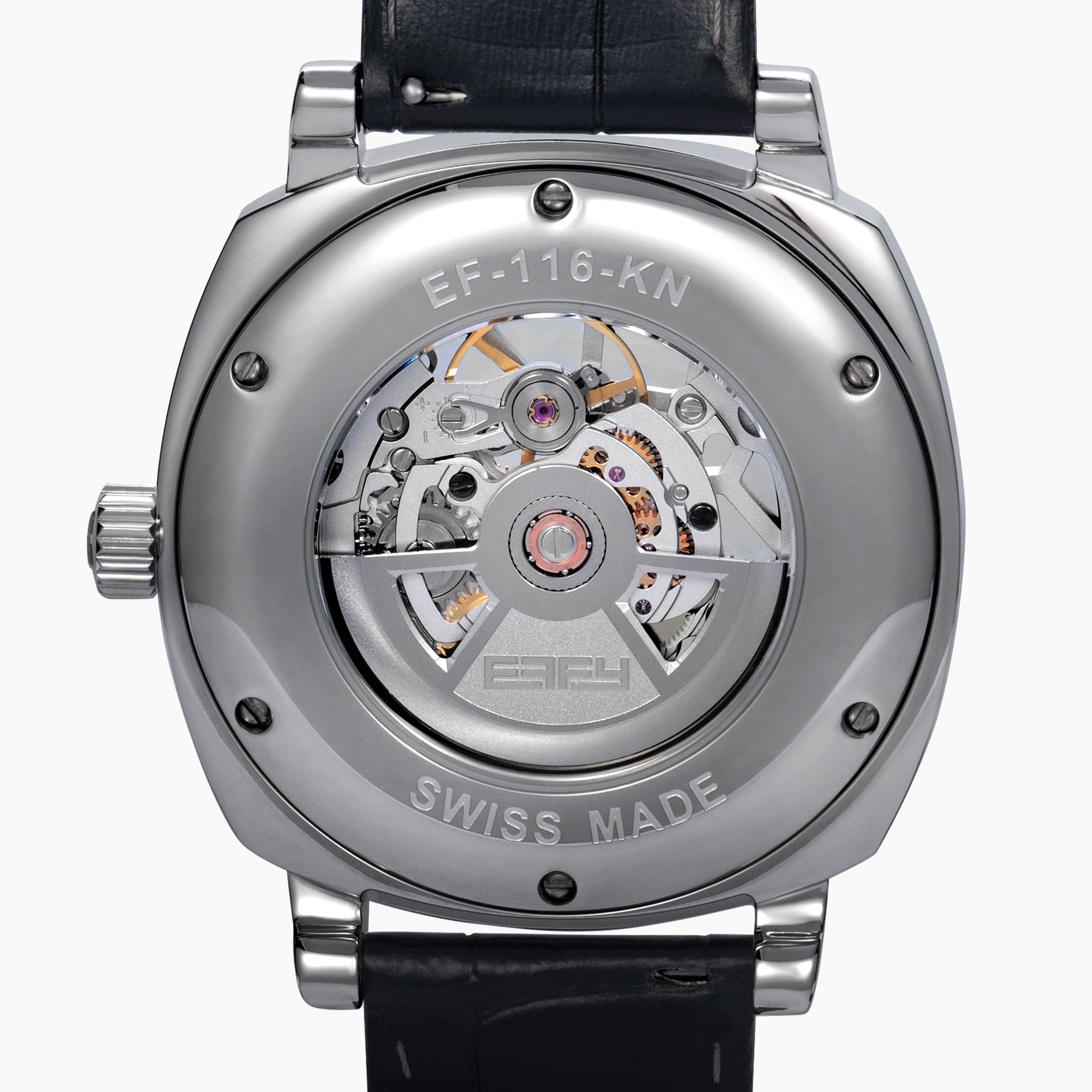 The 41MM Swiss Made Stainless Steel and Leather Automatic Skeleton Watch features a black leather strap, silver case, black skeleton dial, and white hour markers with numerals at 3, 6, and 9 to showcase Swiss precision craftsmanship.