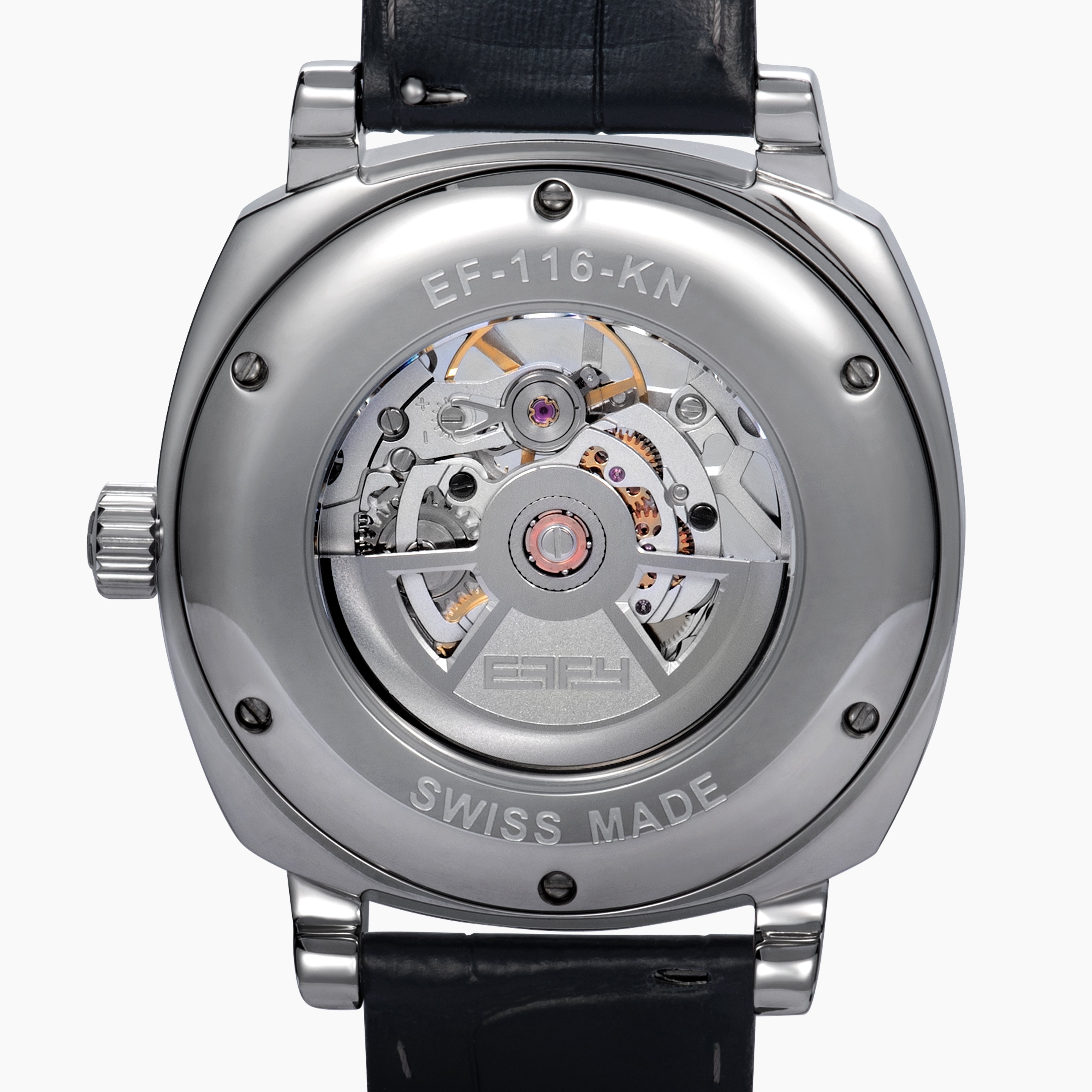 The 41MM Swiss Made Stainless Steel and Leather Automatic Skeleton Watch features a black leather strap, silver case, black skeleton dial, and white hour markers with numerals at 3, 6, and 9 to showcase Swiss precision craftsmanship.