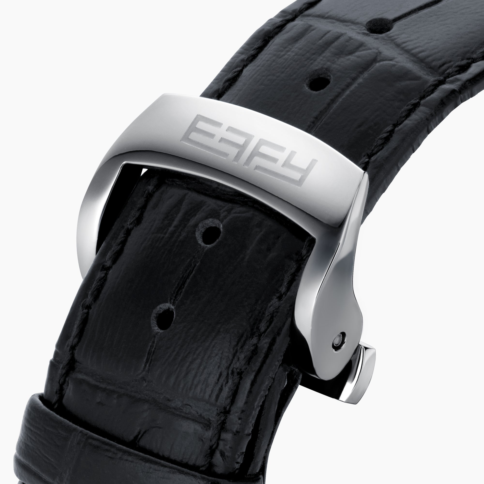 The 41MM Swiss Made Stainless Steel and Leather Automatic Skeleton Watch features a black leather strap, silver case, black skeleton dial, and white hour markers with numerals at 3, 6, and 9 to showcase Swiss precision craftsmanship.