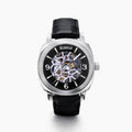 The 41MM Swiss Made Stainless Steel and Leather Automatic Skeleton Watch features a black leather strap, silver case, black skeleton dial, and white hour markers with numerals at 3, 6, and 9 to showcase Swiss precision craftsmanship.