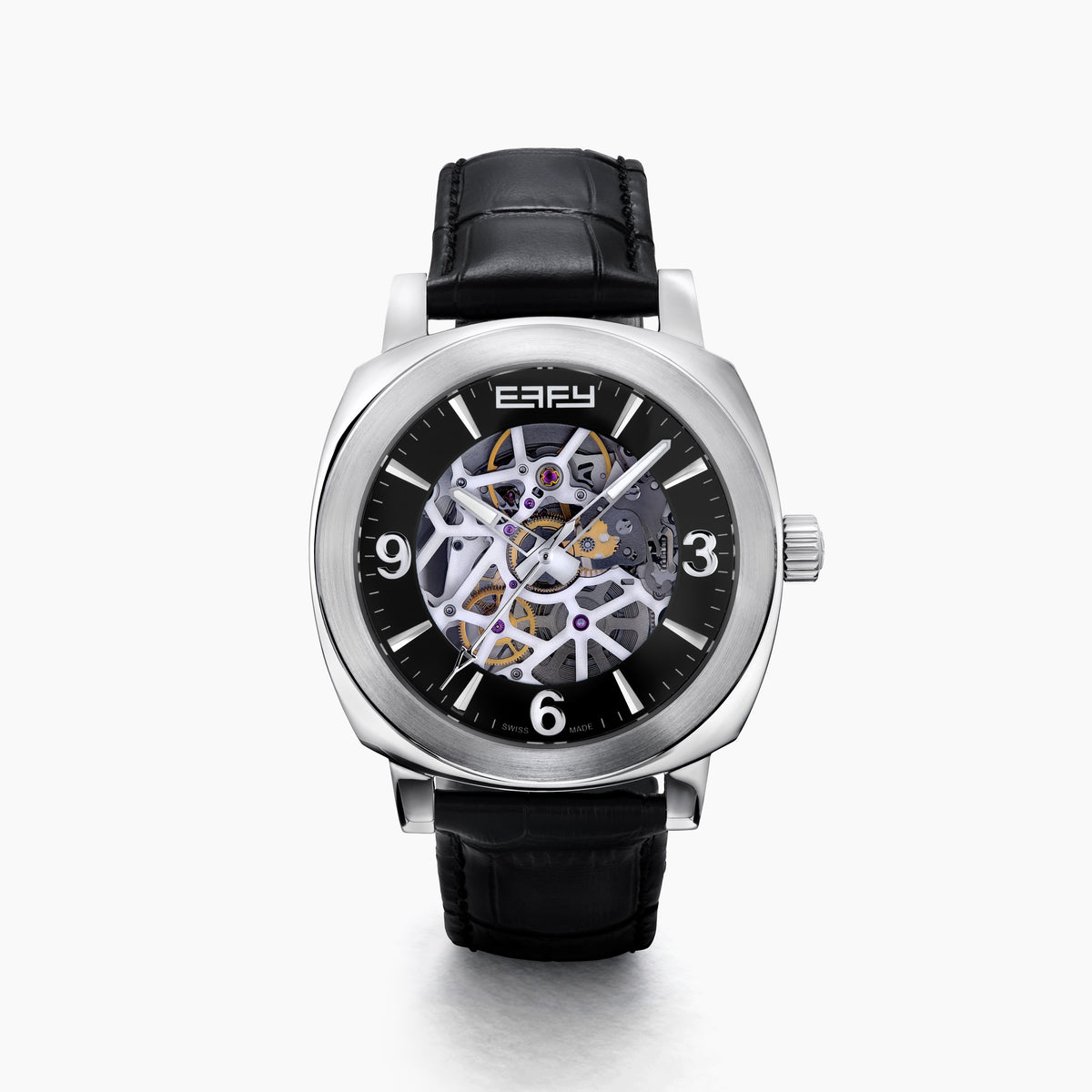 The 41MM Swiss Made Stainless Steel and Leather Automatic Skeleton Watch features a black leather strap, silver case, black skeleton dial, and white hour markers with numerals at 3, 6, and 9 to showcase Swiss precision craftsmanship.