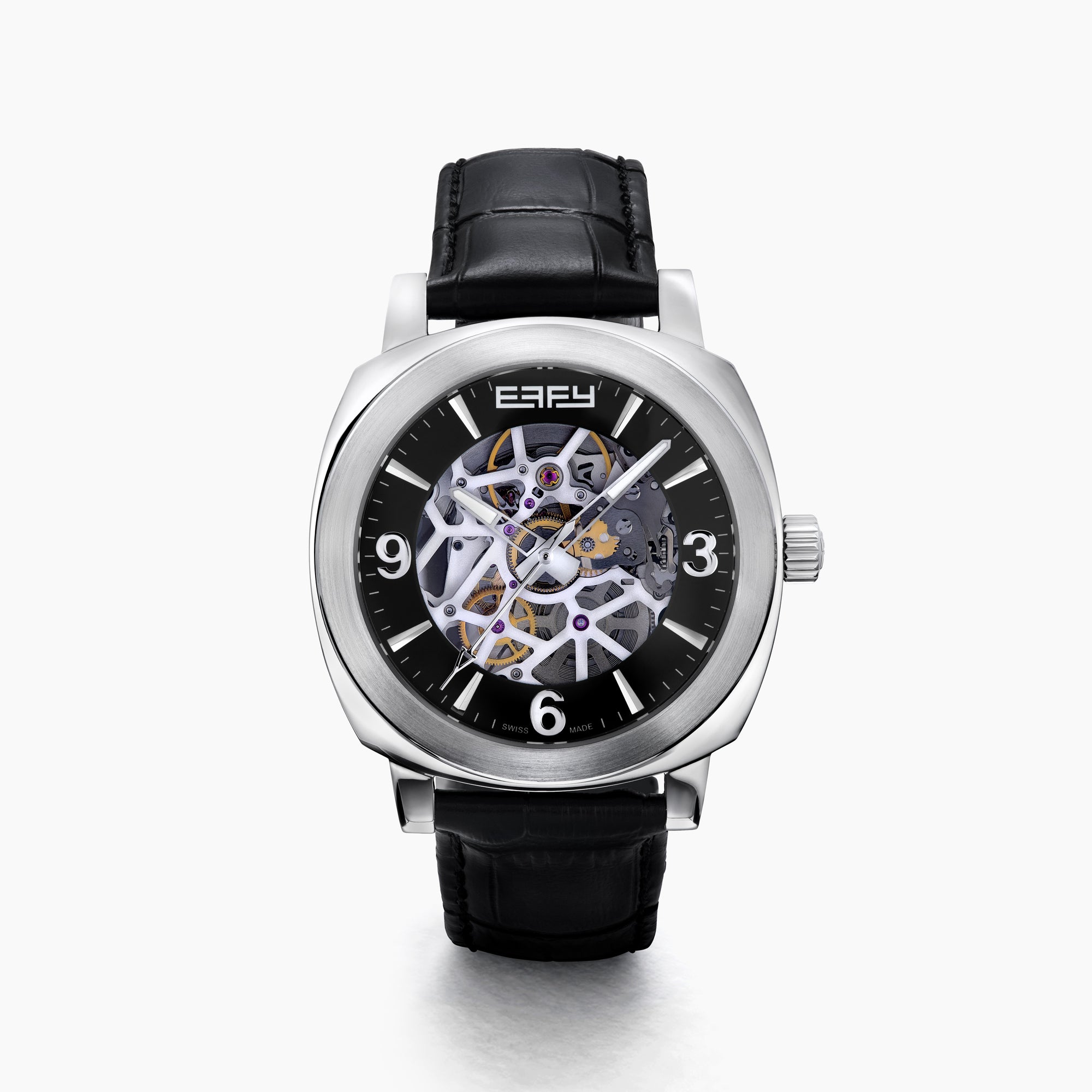 The 41MM Swiss Made Stainless Steel and Leather Automatic Skeleton Watch features a black leather strap, silver case, black skeleton dial, and white hour markers with numerals at 3, 6, and 9 to showcase Swiss precision craftsmanship.