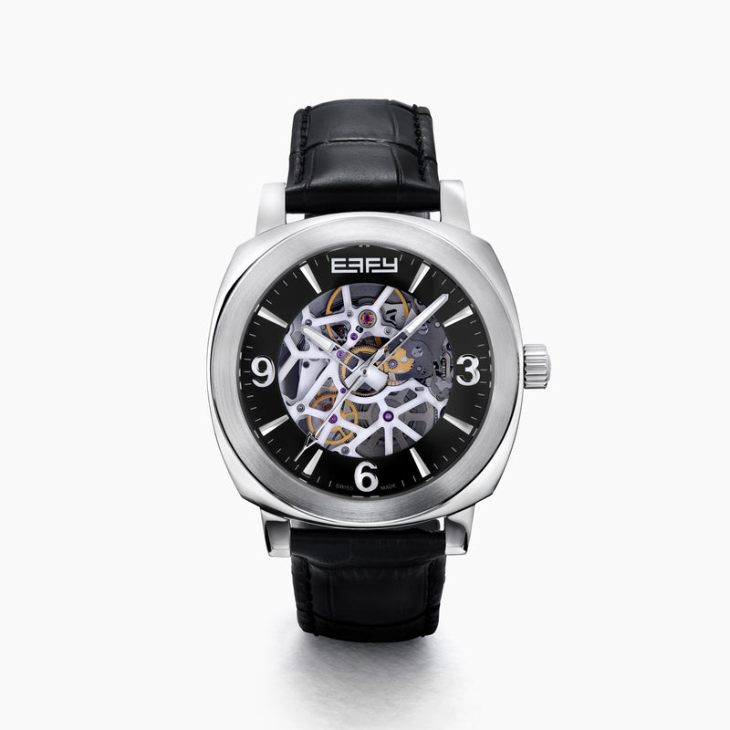 The 41MM Swiss Made Stainless Steel and Leather Automatic Skeleton Watch features a black leather strap, silver case, black skeleton dial, and white hour markers with numerals at 3, 6, and 9 to showcase Swiss precision craftsmanship.