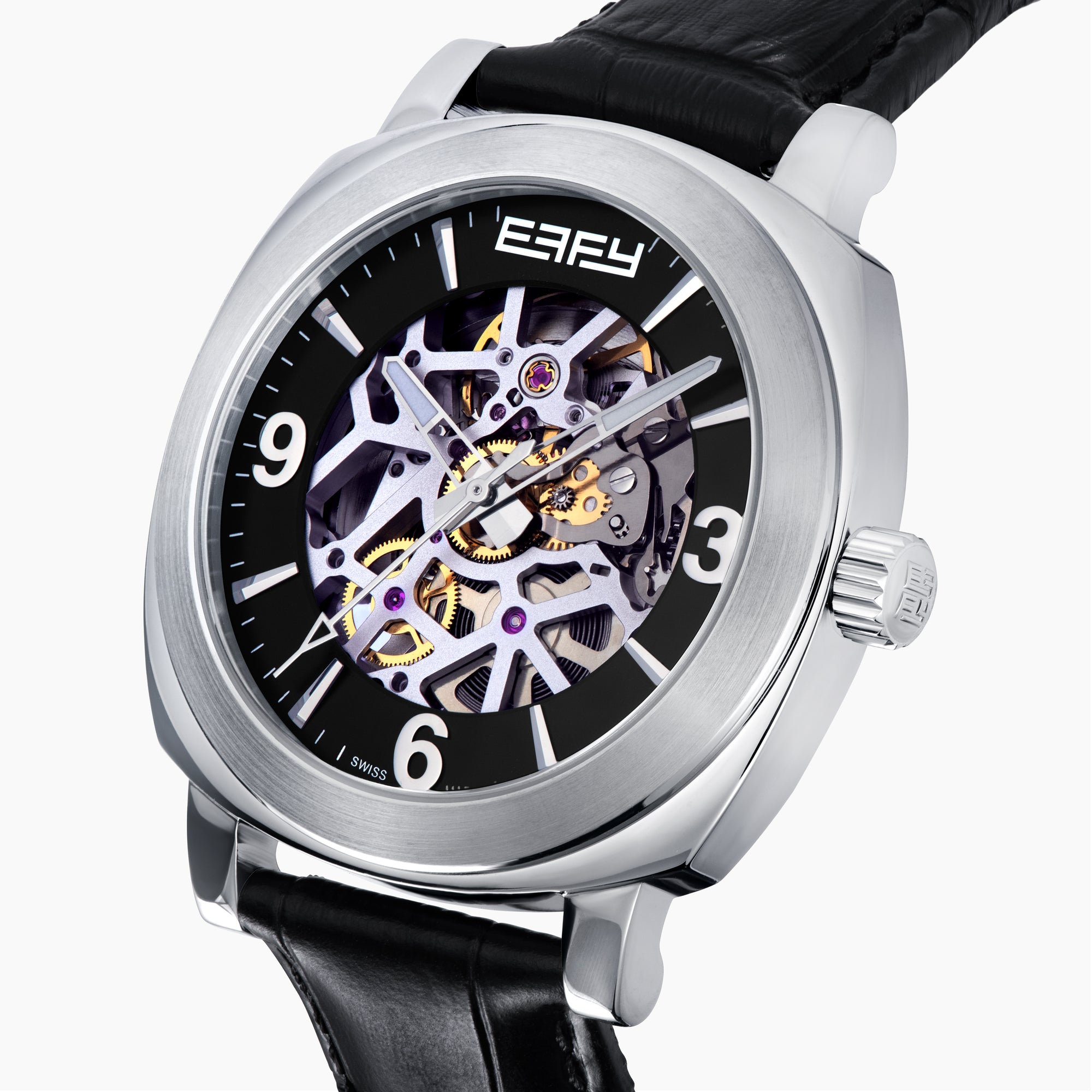 The 41MM Swiss Made Stainless Steel and Leather Automatic Skeleton Watch features a black leather strap, silver case, black skeleton dial, and white hour markers with numerals at 3, 6, and 9 to showcase Swiss precision craftsmanship.