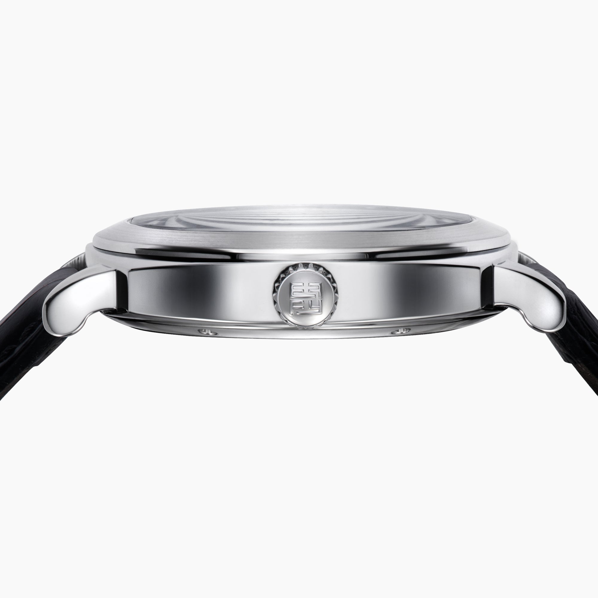 The 41MM Swiss Made Stainless Steel and Leather Automatic Skeleton Watch features a black leather strap, silver case, black skeleton dial, and white hour markers with numerals at 3, 6, and 9 to showcase Swiss precision craftsmanship.