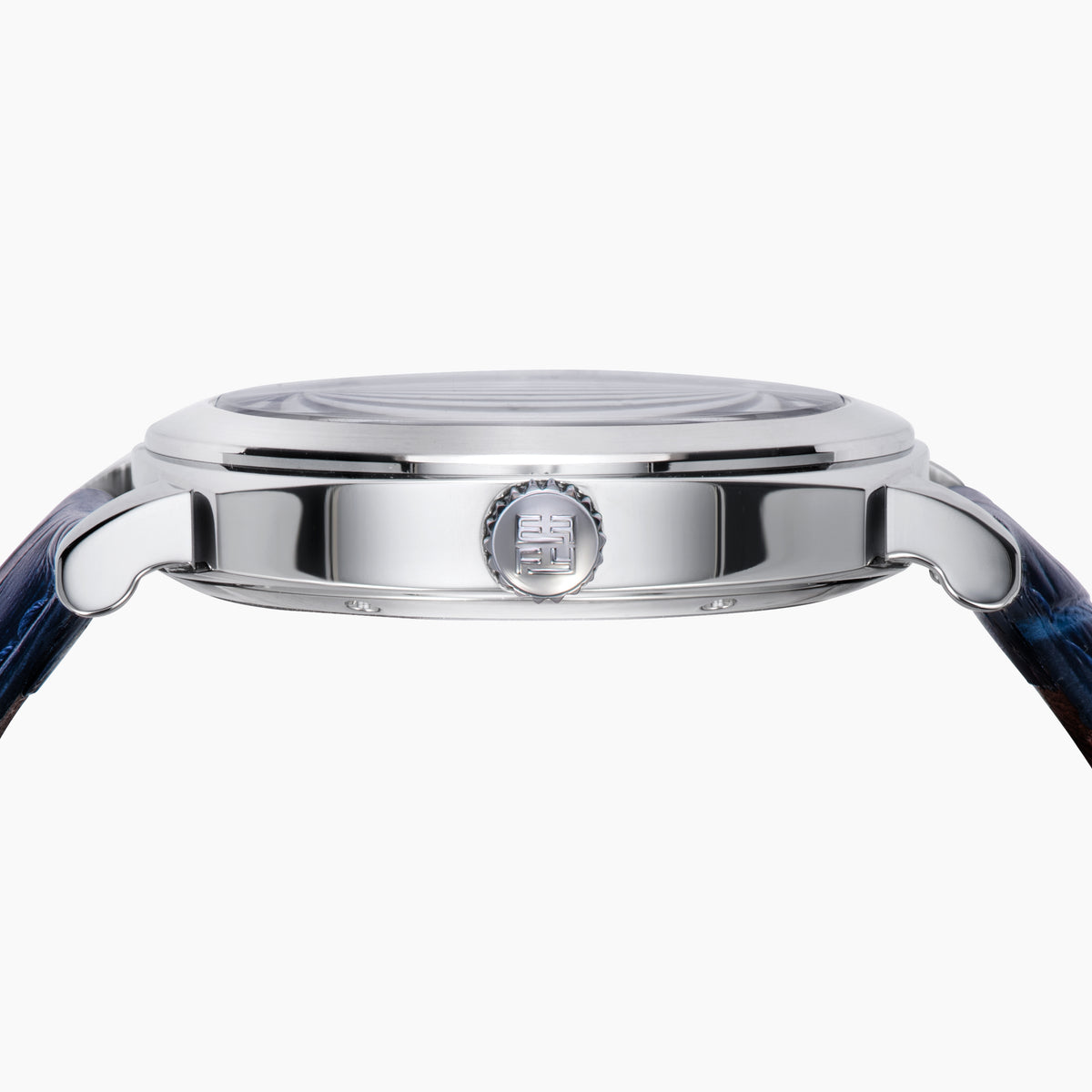 The 41MM Swiss Made Stainless Steel and Leather Automatic Skeleton Watch features a silver case, blue leather strap and bezel, a skeleton dial with visible gears, white hour markers and hands, plus the ERIFY brand name at the top.
