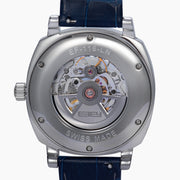 The 41MM Swiss Made Stainless Steel and Leather Automatic Skeleton Watch features a silver case, blue leather strap and bezel, a skeleton dial with visible gears, white hour markers and hands, plus the ERIFY brand name at the top.