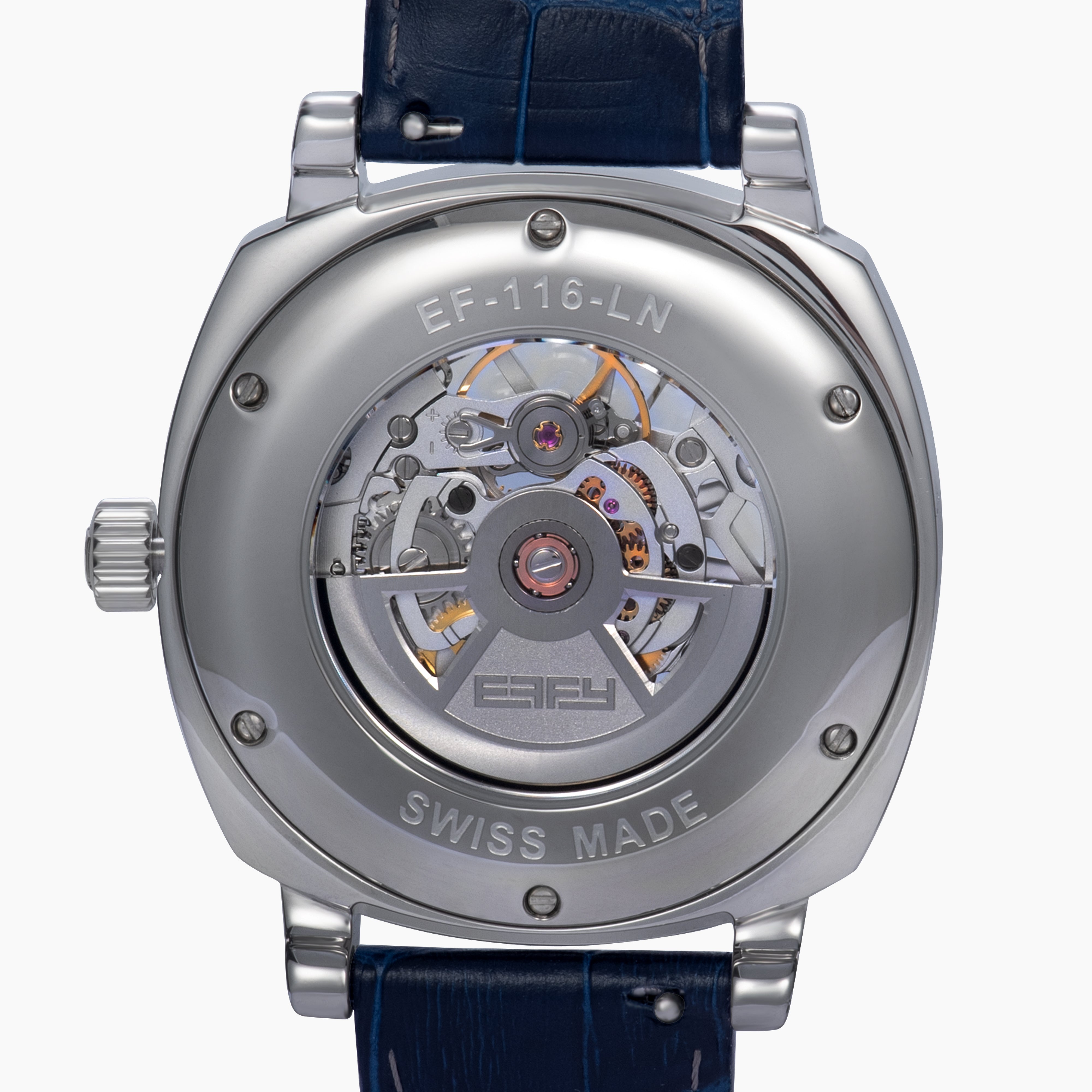 The 41MM Swiss Made Stainless Steel and Leather Automatic Skeleton Watch features a silver case, blue leather strap and bezel, a skeleton dial with visible gears, white hour markers and hands, plus the ERIFY brand name at the top.