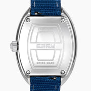 The 28MM Swiss Made Stainless Steel Cocktail Watch features a luxurious oval design with a diamond and blue sapphire-studded face, silver hands, deep blue textured leather strap, and exquisite Swiss craftsmanship.