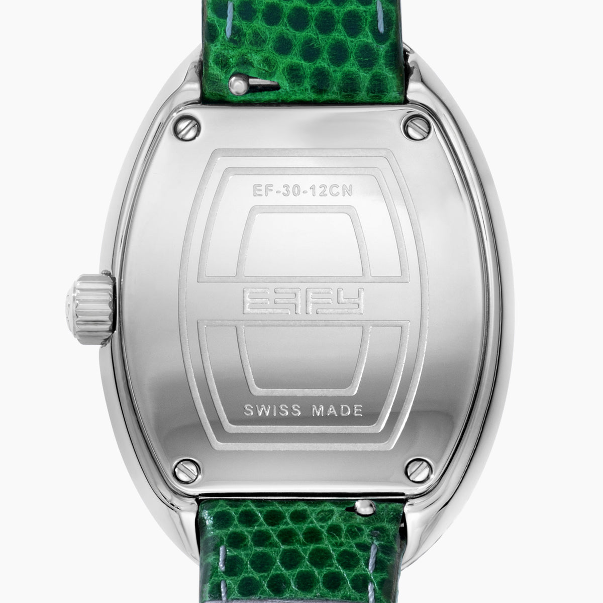 The 28MM Swiss Made Stainless Steel Cocktail Watch features an elegant oval face set with tsavorite and diamonds, silver hour markers and hands, a green textured leather strap, and the EARY brand on the dial.