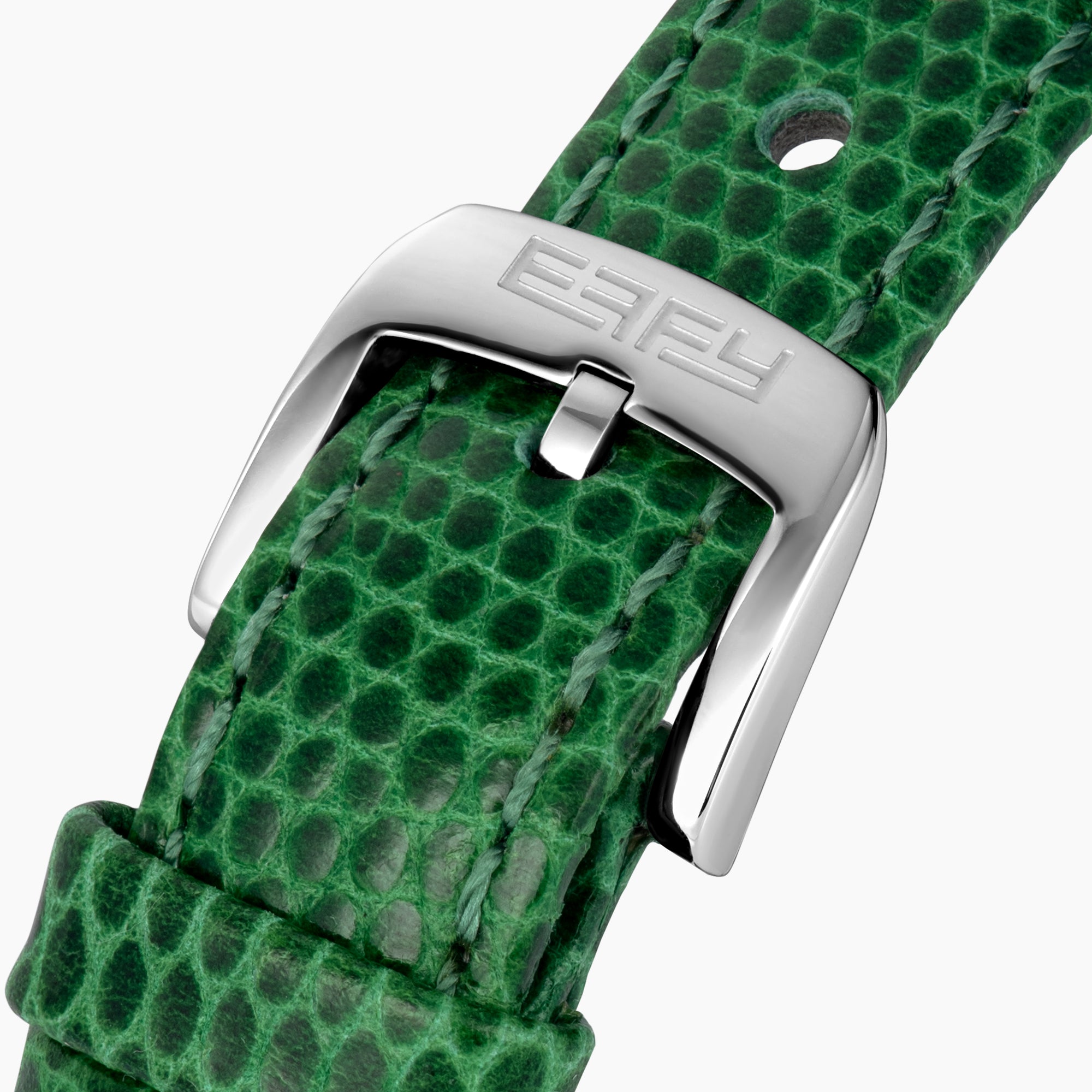 The 28MM Swiss Made Stainless Steel Cocktail Watch features an elegant oval face set with tsavorite and diamonds, silver hour markers and hands, a green textured leather strap, and the EARY brand on the dial.