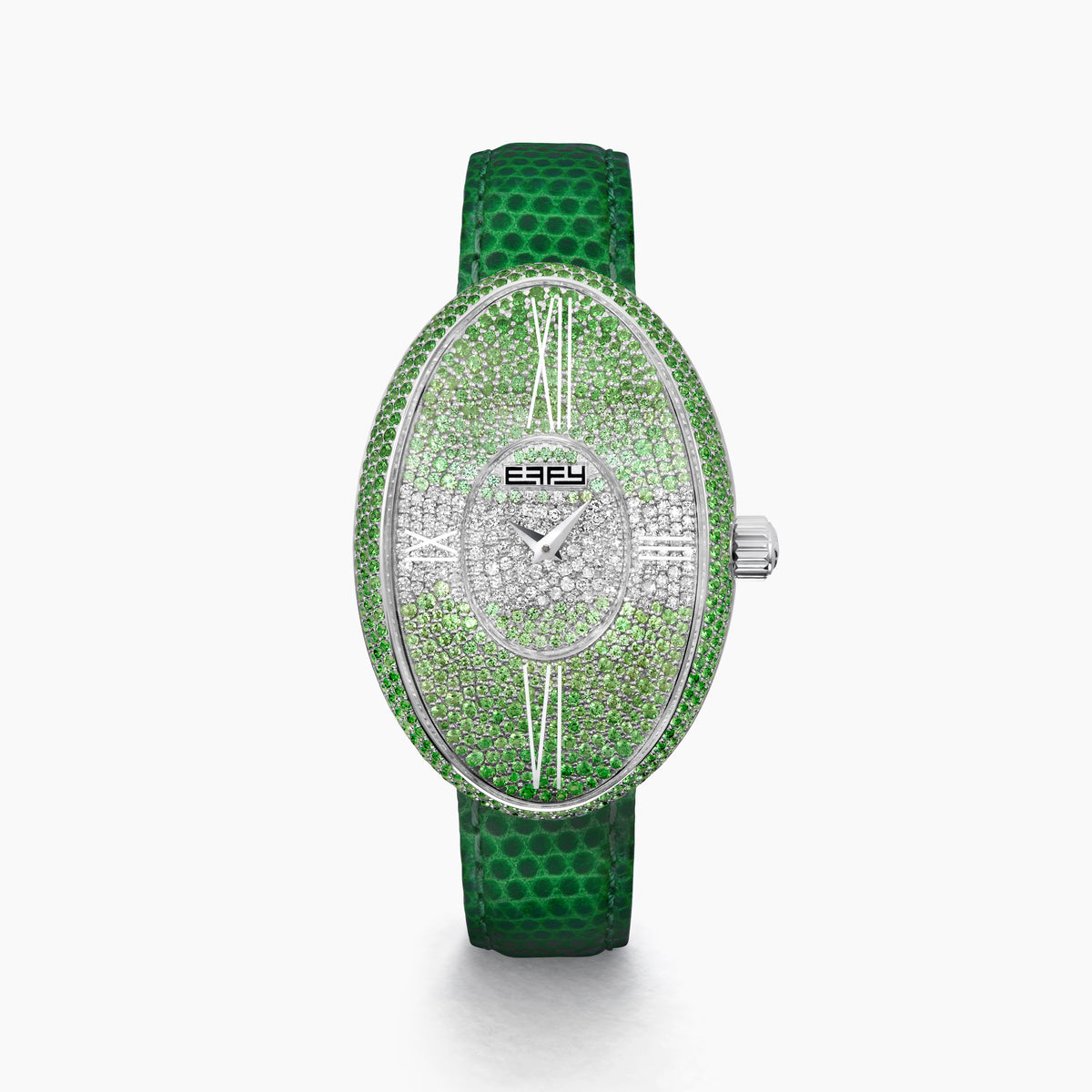 The 28MM Swiss Made Stainless Steel Cocktail Watch features an elegant oval face set with tsavorite and diamonds, silver hour markers and hands, a green textured leather strap, and the EARY brand on the dial.