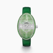 The 28MM Swiss Made Stainless Steel Cocktail Watch features an elegant oval face set with tsavorite and diamonds, silver hour markers and hands, a green textured leather strap, and the EARY brand on the dial.