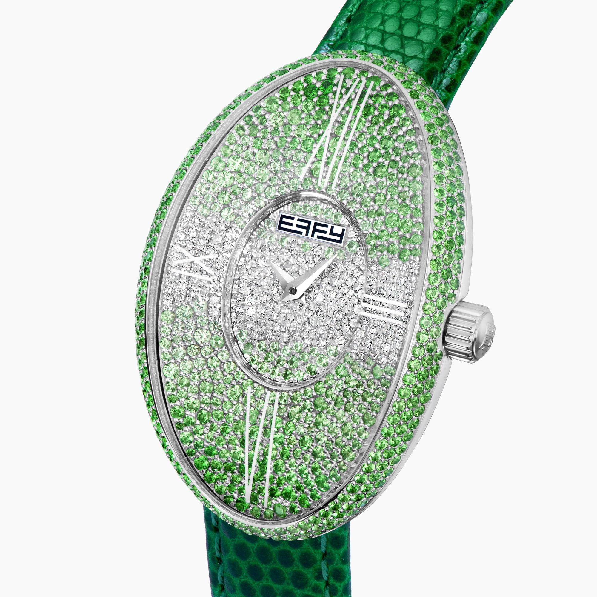 The 28MM Swiss Made Stainless Steel Cocktail Watch features an elegant oval face set with tsavorite and diamonds, silver hour markers and hands, a green textured leather strap, and the EARY brand on the dial.