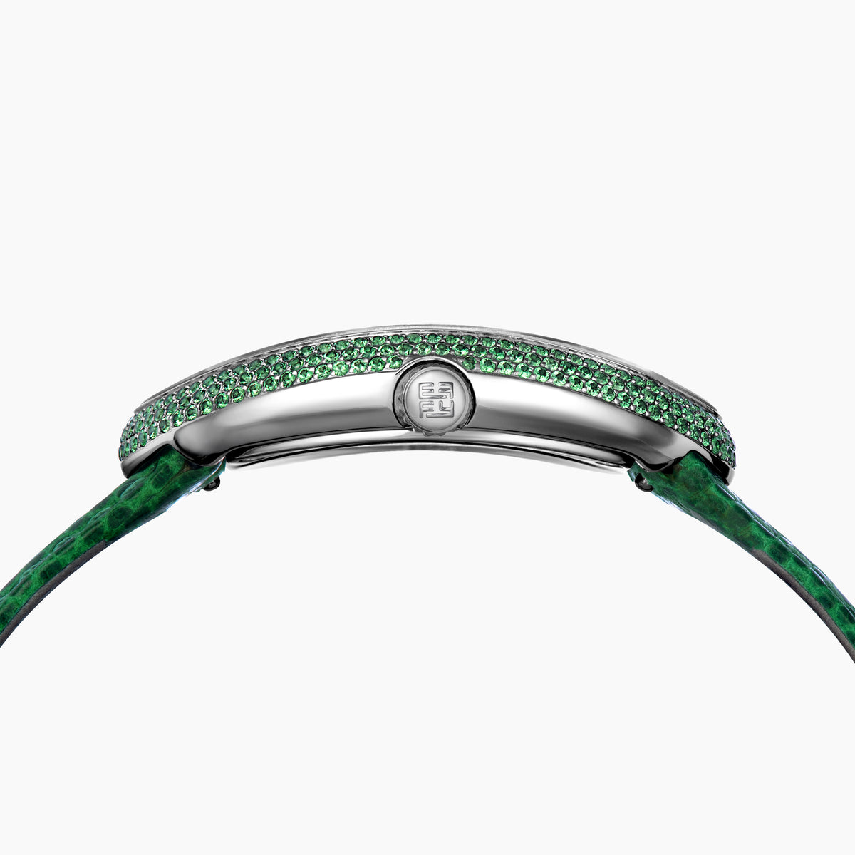 The 28MM Swiss Made Stainless Steel Cocktail Watch features an elegant oval face set with tsavorite and diamonds, silver hour markers and hands, a green textured leather strap, and the EARY brand on the dial.