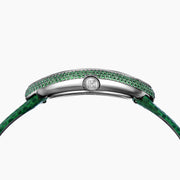 The 28MM Swiss Made Stainless Steel Cocktail Watch features an elegant oval face set with tsavorite and diamonds, silver hour markers and hands, a green textured leather strap, and the EARY brand on the dial.