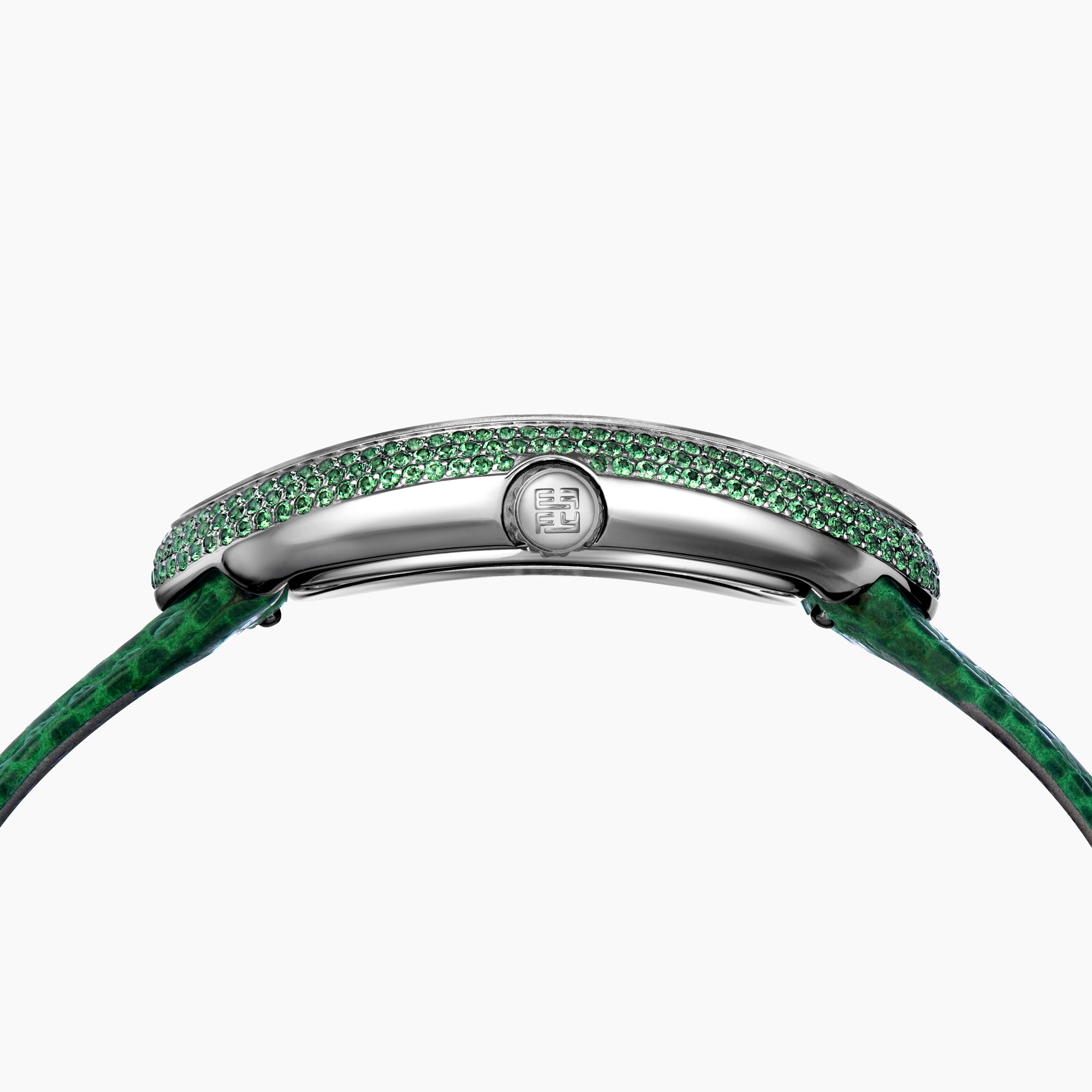 The 28MM Swiss Made Stainless Steel Cocktail Watch features an elegant oval face set with tsavorite and diamonds, silver hour markers and hands, a green textured leather strap, and the EARY brand on the dial.