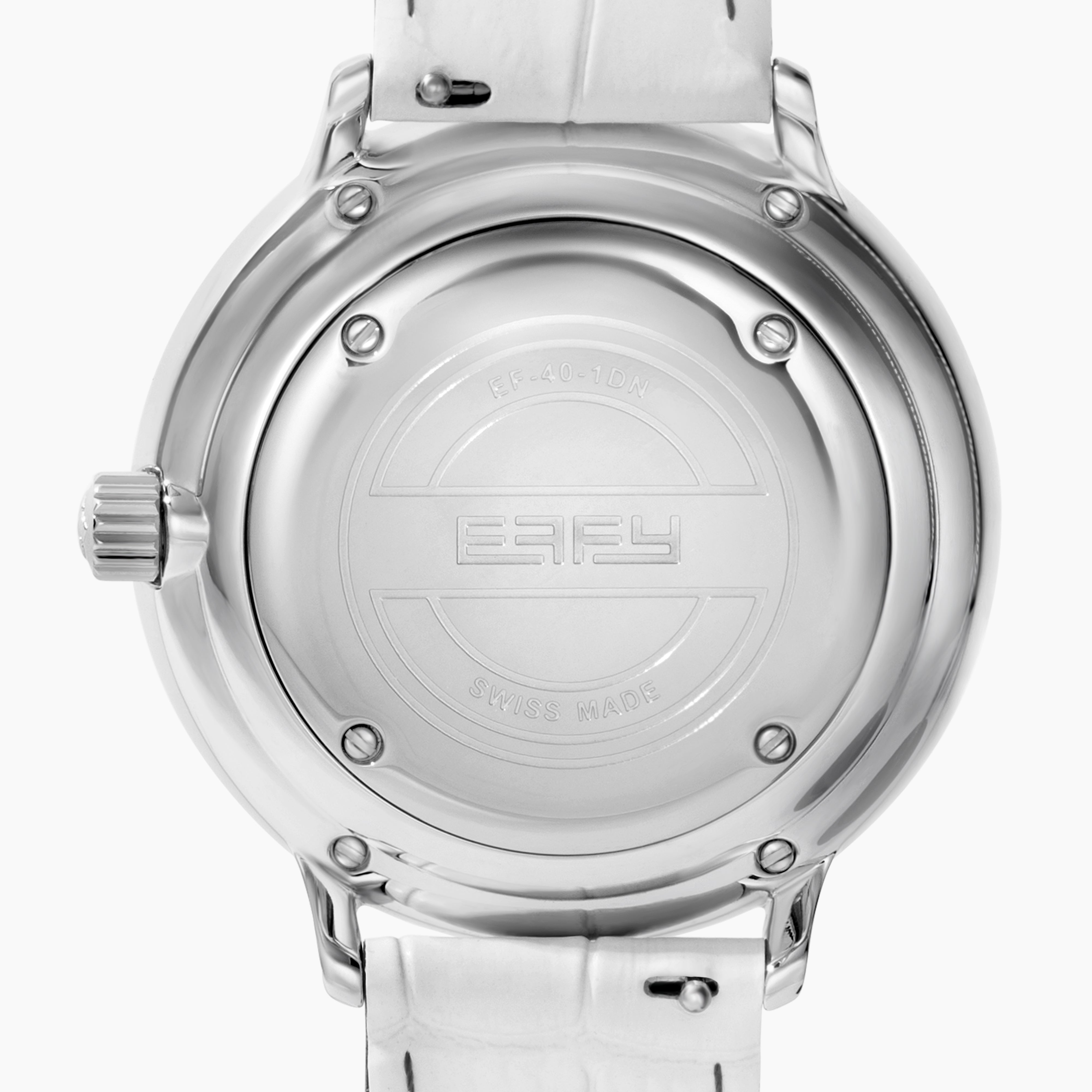 The 38MM Swiss Made Stainless Steel Rainbow Spinning Butterfly Watch features a pavé diamond face, rainbow gemstone bezel, white strap, and a butterfly adorned with blue and green gemstones at the bottom of the dial.