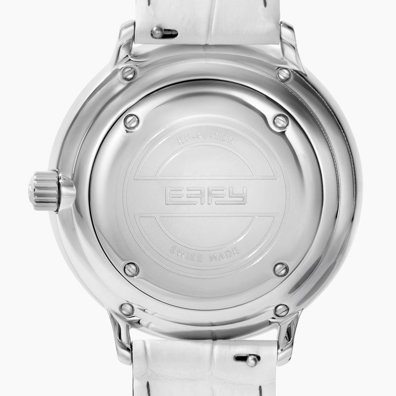 The 38MM Swiss Made Stainless Steel Rainbow Spinning Butterfly Watch features a pavé diamond face, rainbow gemstone bezel, white strap, and a butterfly adorned with blue and green gemstones at the bottom of the dial.