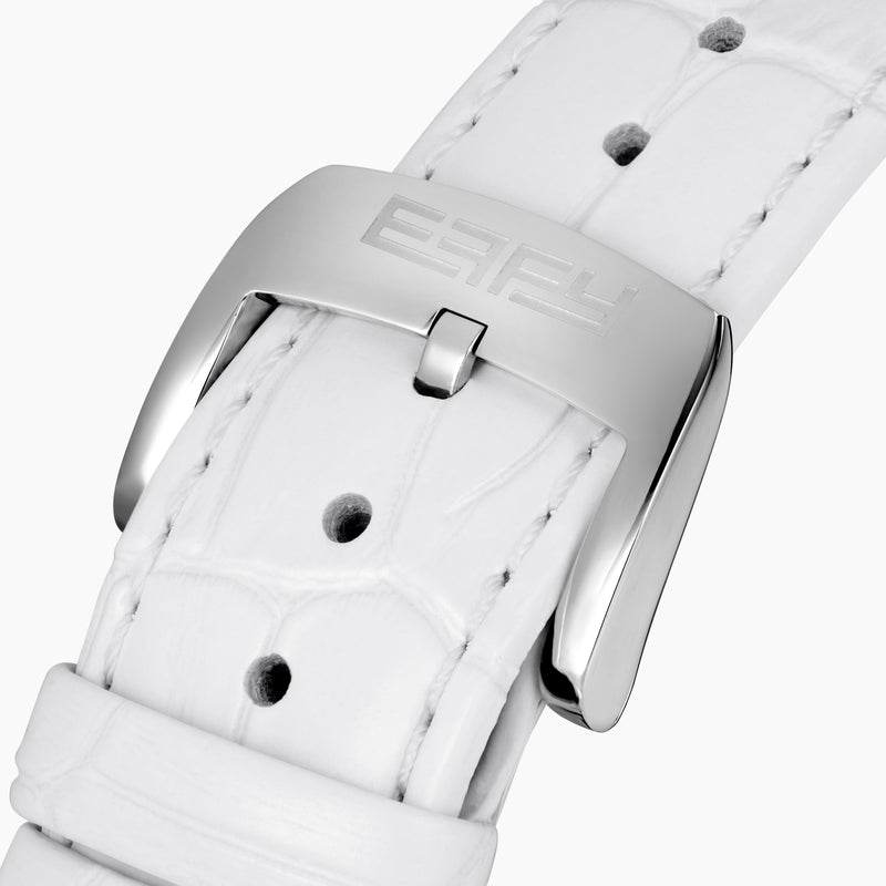 The 38MM Swiss Made Stainless Steel Rainbow Spinning Butterfly Watch features a pavé diamond face, rainbow gemstone bezel, white strap, and a butterfly adorned with blue and green gemstones at the bottom of the dial.