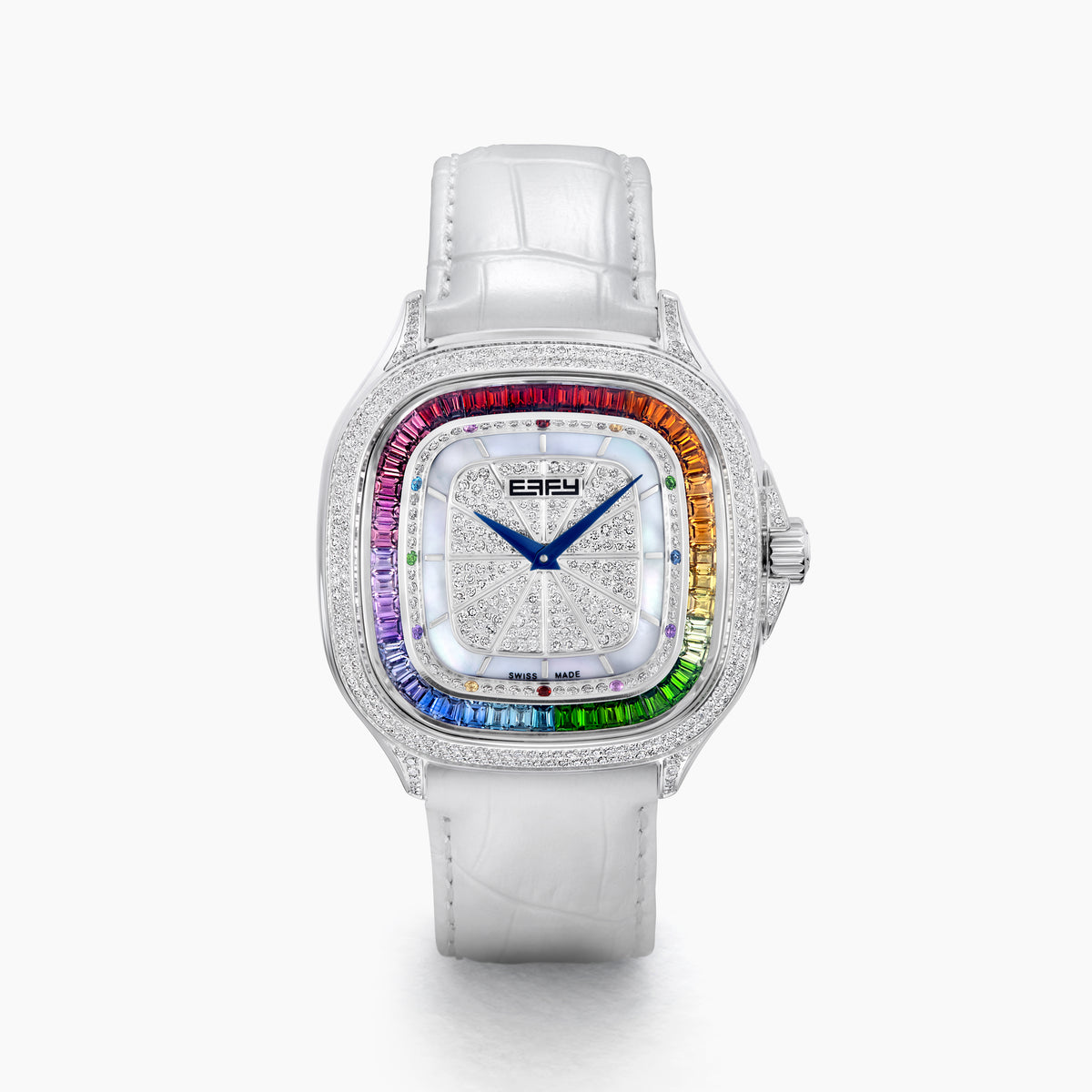 The 39MM Swiss Made Stainless Steel Watch features a white leather strap, mother of pearl dial, diamond-studded face, rainbow sapphire bezel, blue hands, and silver case.