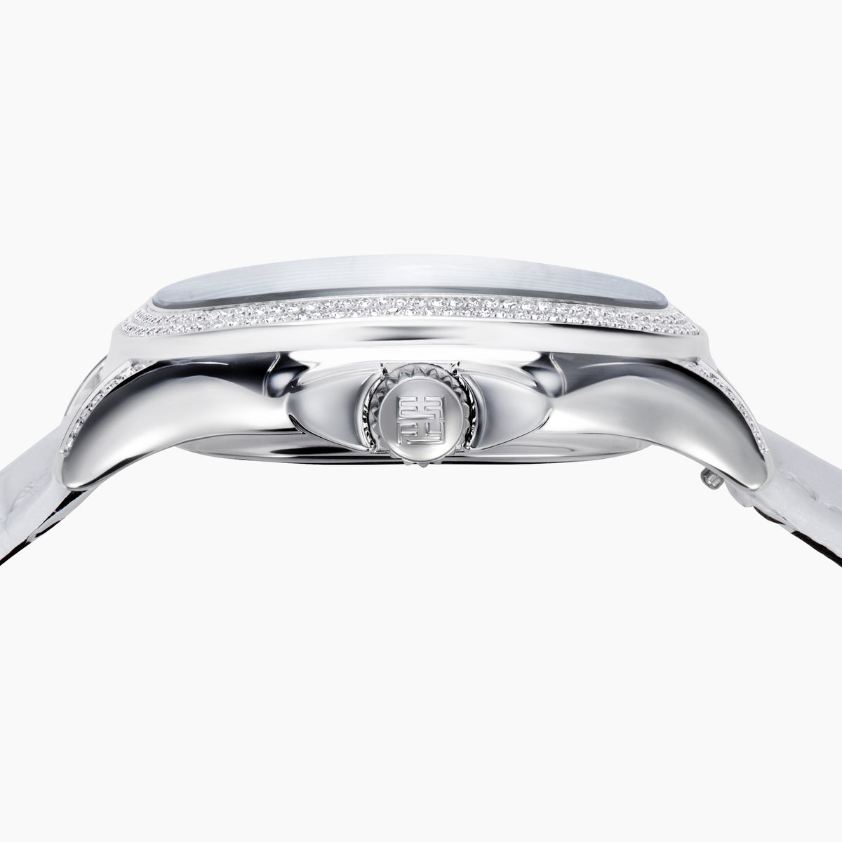 The 39MM Swiss Made Stainless Steel Watch features a white leather strap, mother of pearl dial, diamond-studded face, rainbow sapphire bezel, blue hands, and silver case.
