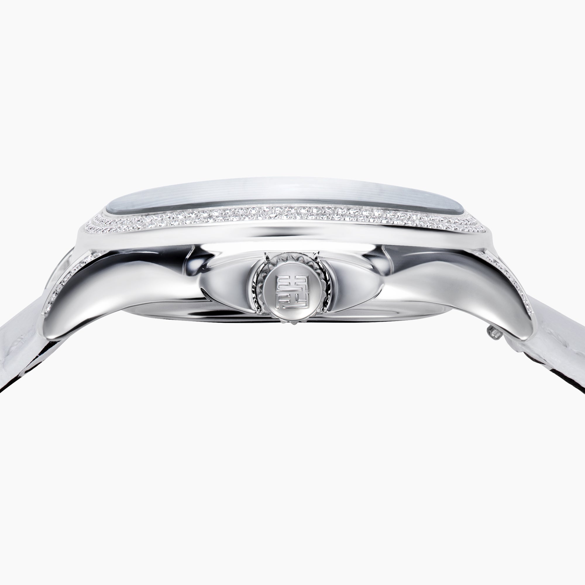 The 39MM Swiss Made Stainless Steel Watch features a white leather strap, mother of pearl dial, diamond-studded face, rainbow sapphire bezel, blue hands, and silver case.