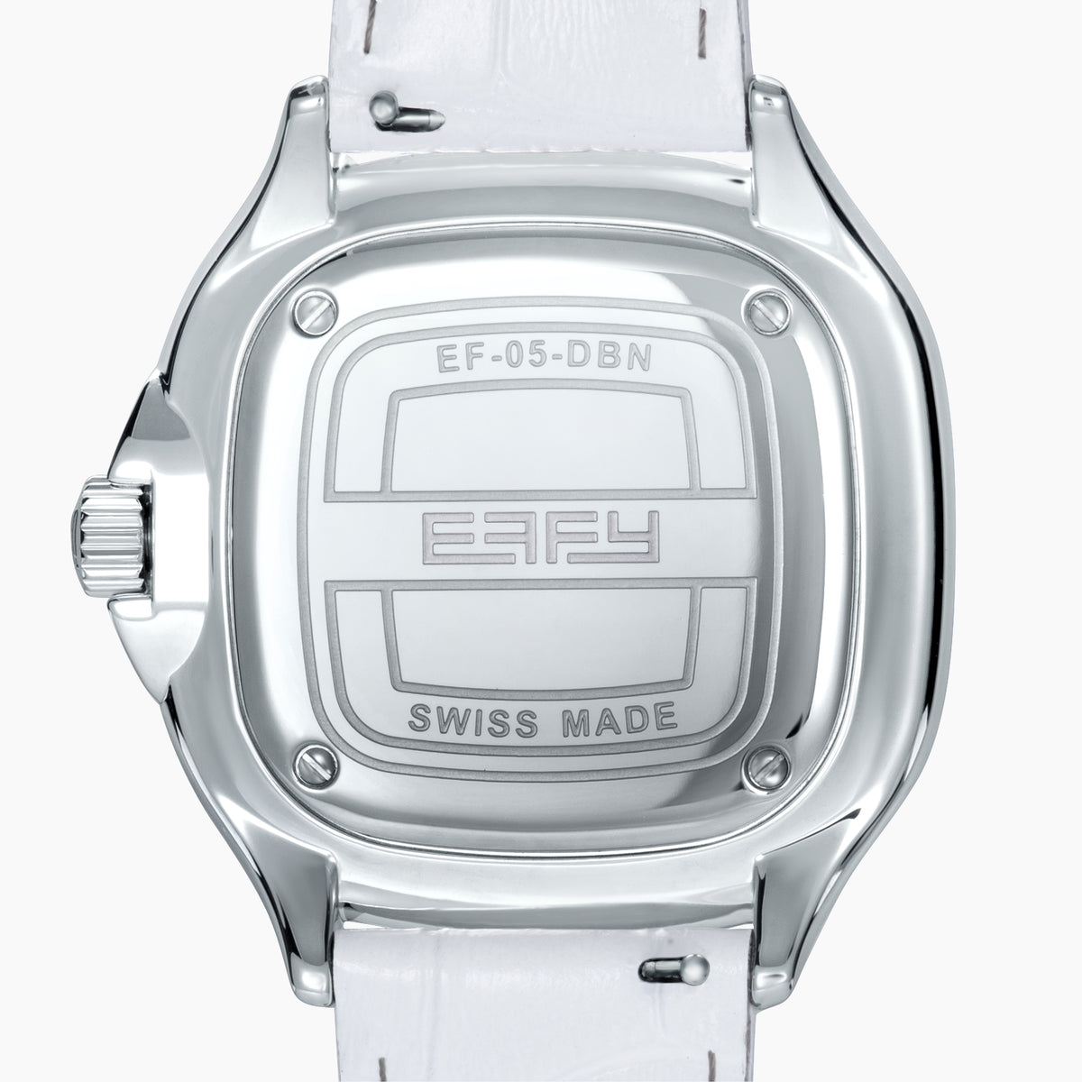 The 39MM Swiss Made Stainless Steel Watch features a white leather strap, mother of pearl dial, diamond-studded face, rainbow sapphire bezel, blue hands, and silver case.