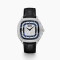 The 39MM Swiss Made Stainless Steel Watch with Diamonds and Black Spinel features a black leather strap, diamond-studded bezel, silver textured dial with blue accents, and bold black hands, shown on a white background.