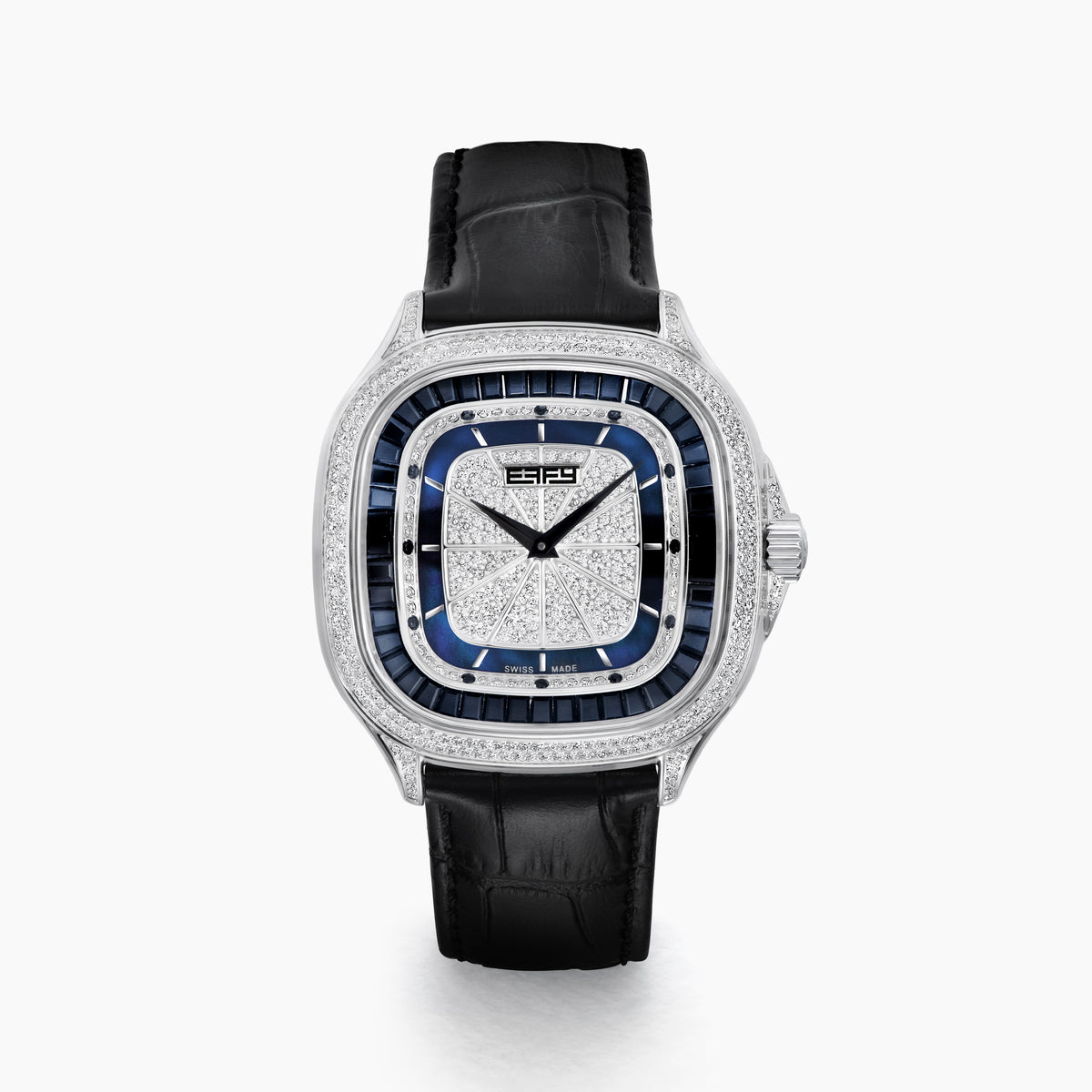 The 39MM Swiss Made Stainless Steel Watch with Diamonds and Black Spinel features a black leather strap, diamond-studded bezel, silver textured dial with blue accents, and bold black hands, shown on a white background.