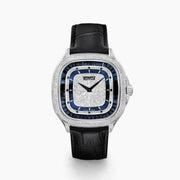 The 39MM Swiss Made Stainless Steel Watch with Diamonds and Black Spinel features a black leather strap, diamond-studded bezel, silver textured dial with blue accents, and bold black hands, shown on a white background.