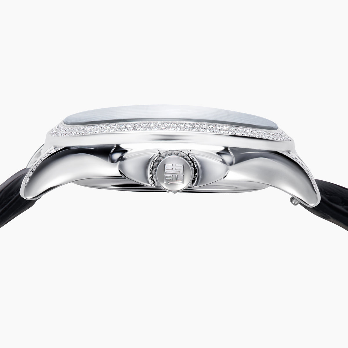 The 39MM Swiss Made Stainless Steel Watch with Diamonds and Black Spinel features a black leather strap, diamond-studded bezel, silver textured dial with blue accents, and bold black hands, shown on a white background.