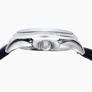 The 39MM Swiss Made Stainless Steel Watch with Diamonds and Black Spinel features a black leather strap, diamond-studded bezel, silver textured dial with blue accents, and bold black hands, shown on a white background.