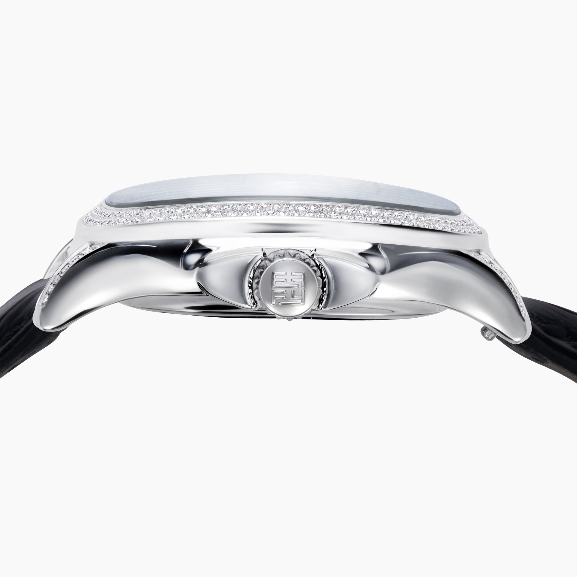 The 39MM Swiss Made Stainless Steel Watch with Diamonds and Black Spinel features a black leather strap, diamond-studded bezel, silver textured dial with blue accents, and bold black hands, shown on a white background.