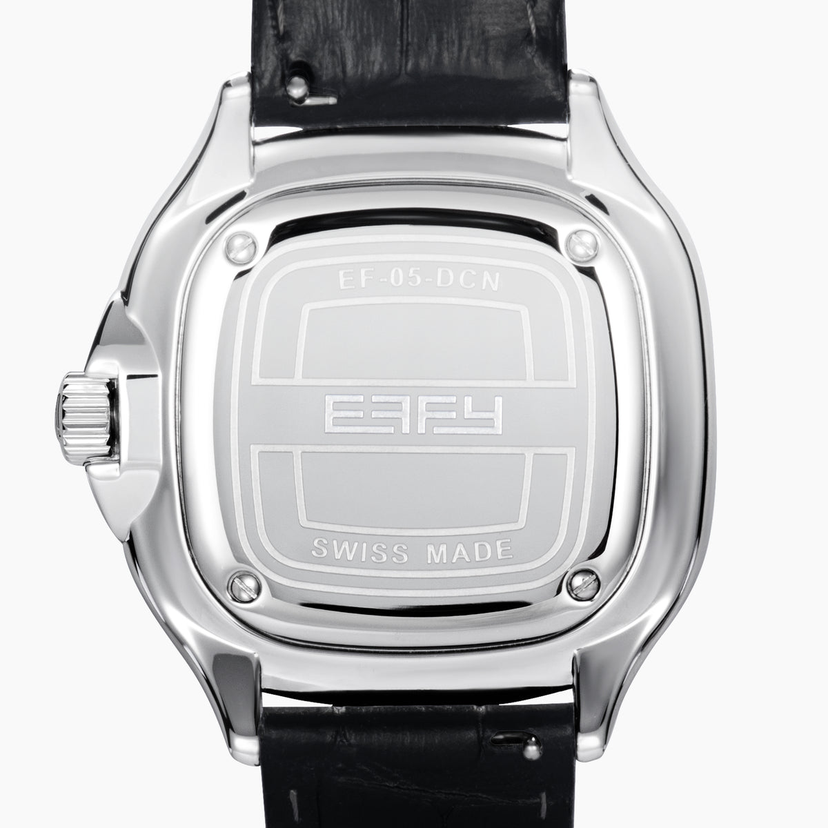 The 39MM Swiss Made Stainless Steel Watch with Diamonds and Black Spinel features a black leather strap, diamond-studded bezel, silver textured dial with blue accents, and bold black hands, shown on a white background.